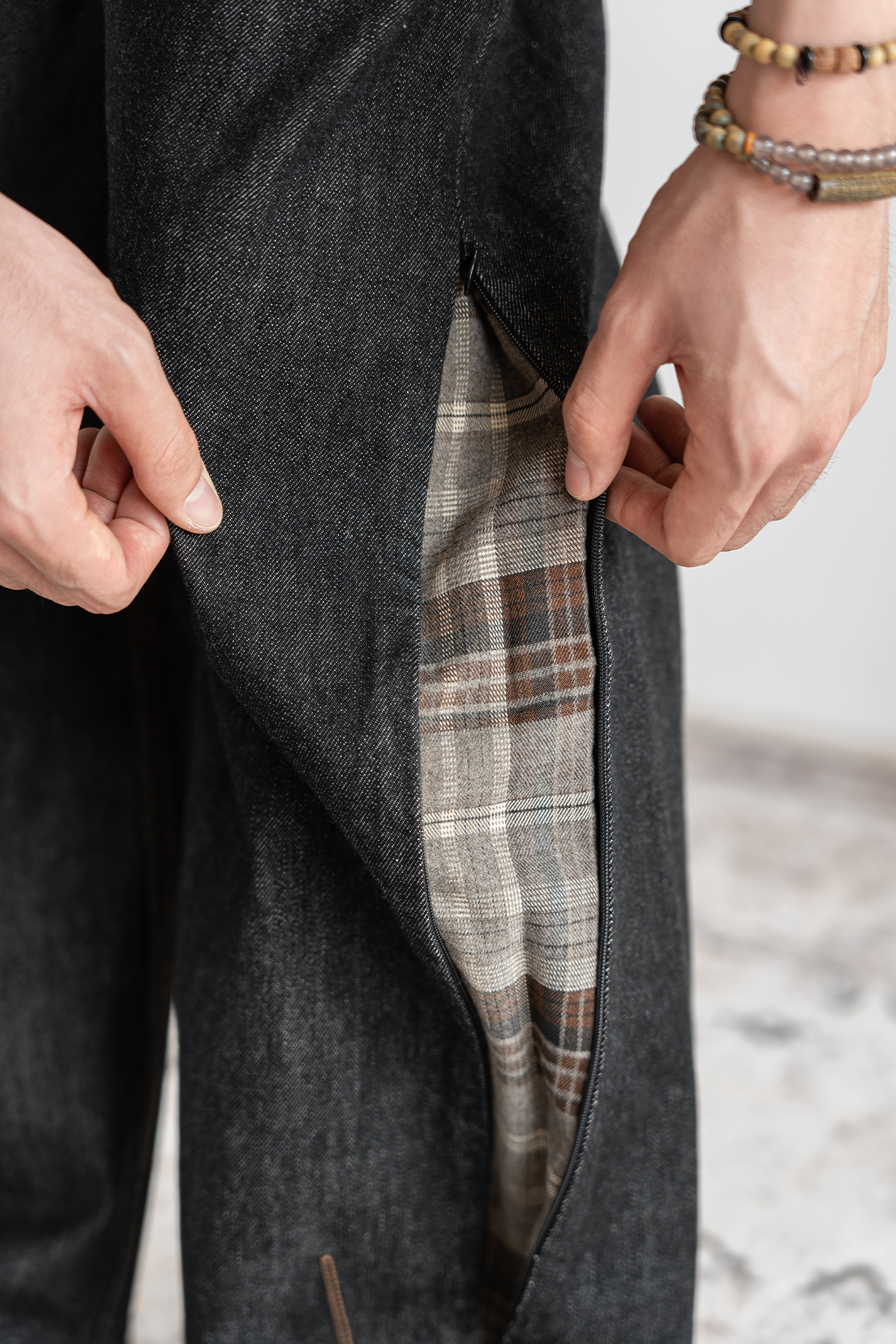 MOITIEDEPETALE Plaid-Inset Wide-Leg Selvedge Jeans