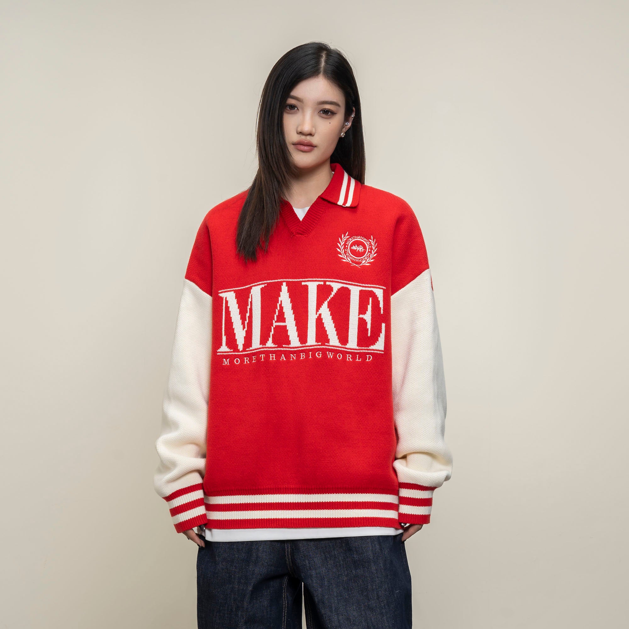 MAKEMORE Varsity Polo Collar Embroidered Badge Sweater