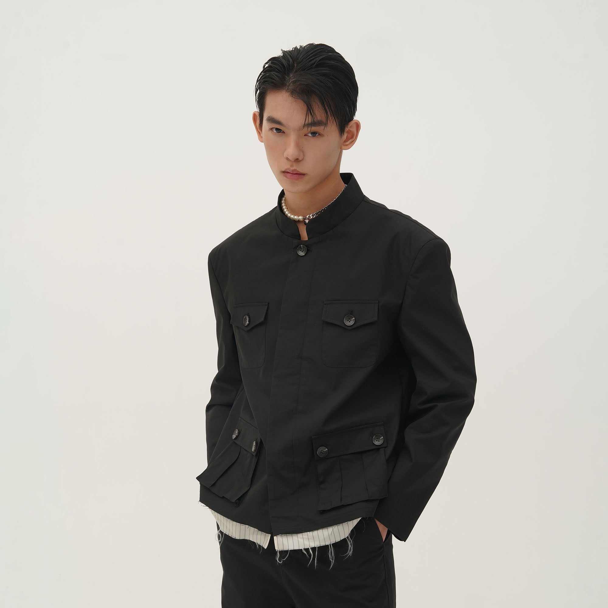 ORAL UTOPIA Faux Layered Hem Mandarin Collar Jacket