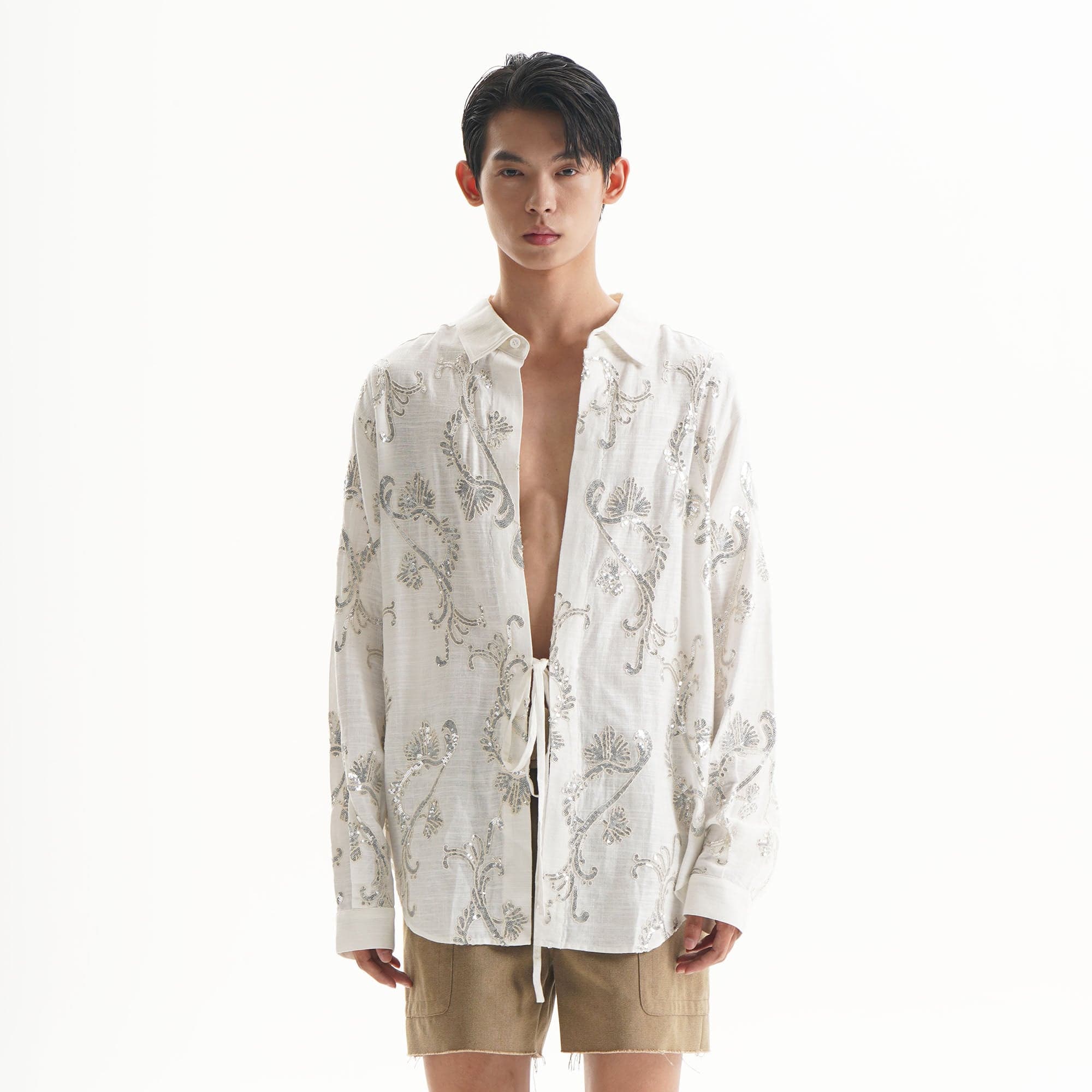 ORAL UTOPIA Ornate Sequin Embroidered Linen-Blended Tie Shirt, premium urban and streetwear designers apparel on PROJECTISR.com, ORAL UTOPIA