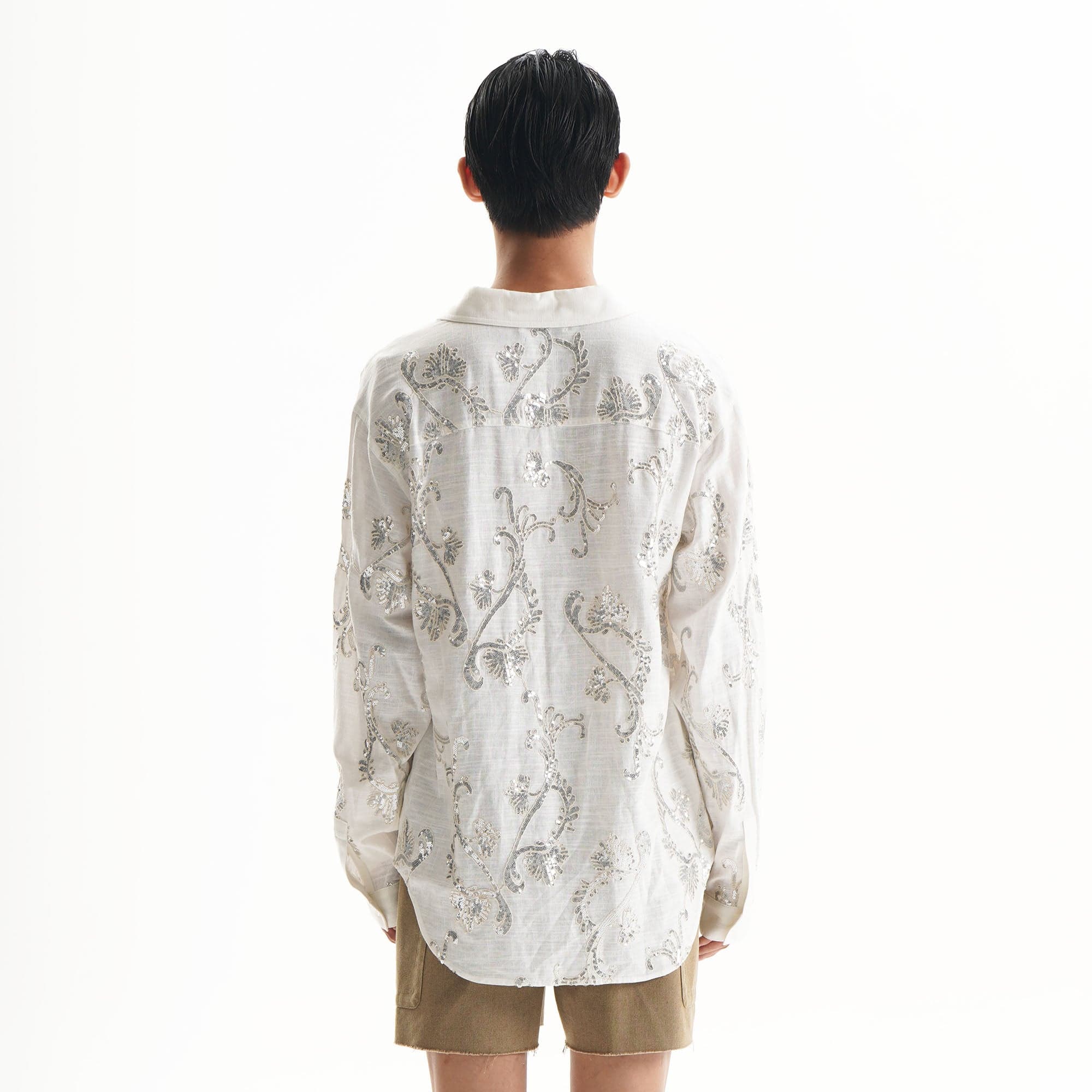 ORAL UTOPIA Ornate Sequin Embroidered Linen-Blended Tie Shirt, premium urban and streetwear designers apparel on PROJECTISR.com, ORAL UTOPIA