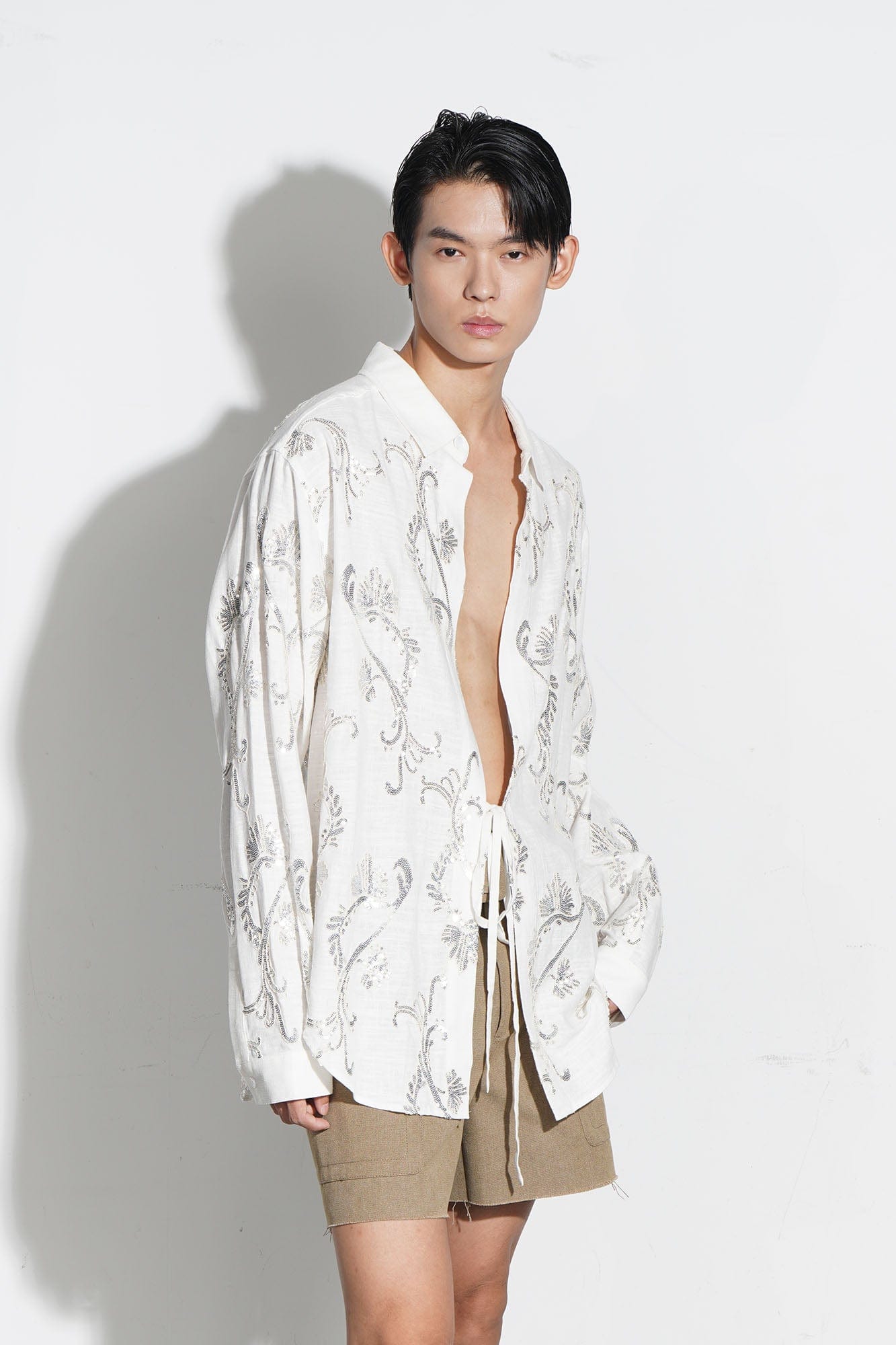ORAL UTOPIA Ornate Sequin Embroidered Linen-Blended Tie Shirt, premium urban and streetwear designers apparel on PROJECTISR.com, ORAL UTOPIA