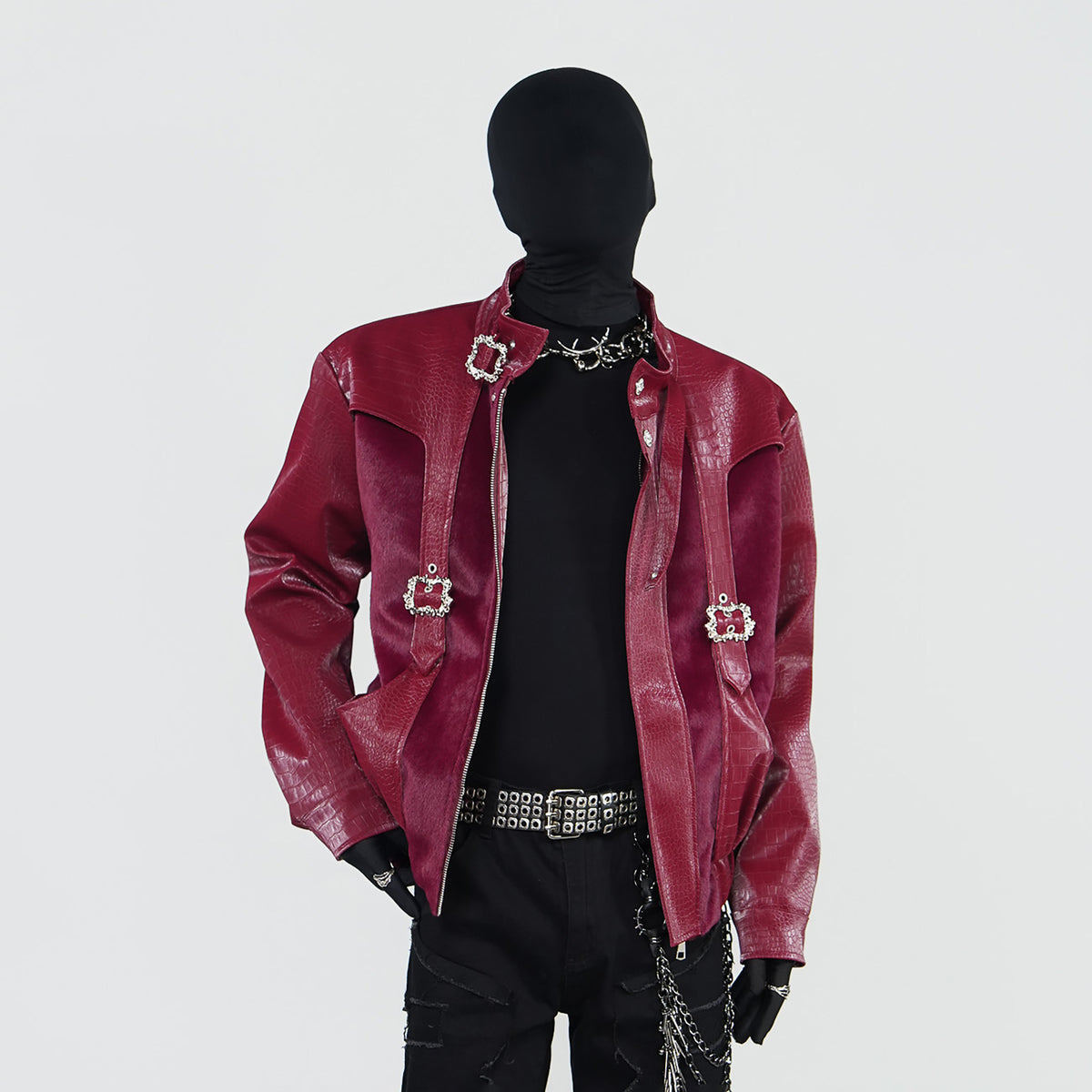 VE2 Croc-Embossed Spliced Faux Leather Punk Biker Jacket