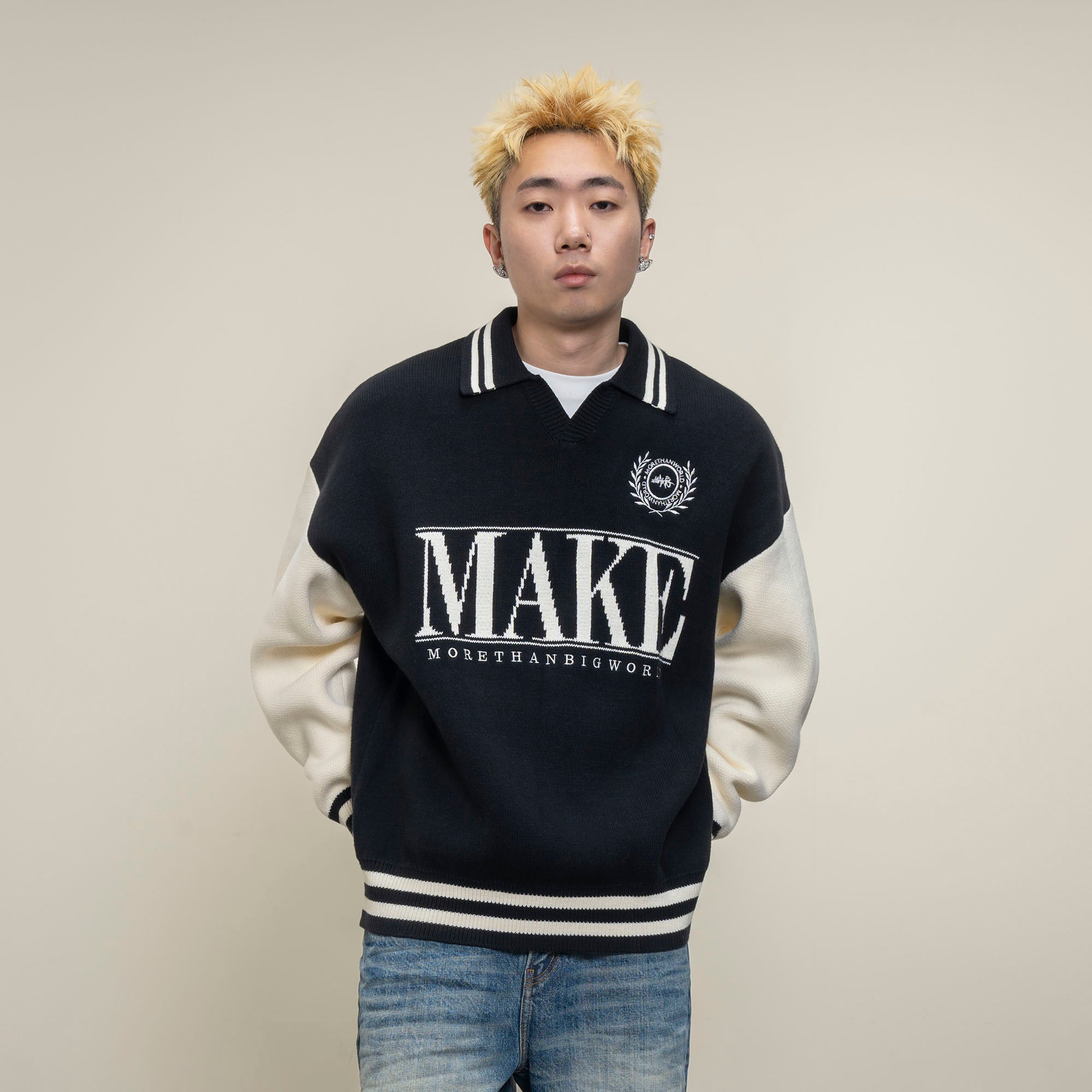 MAKEMORE Varsity Polo Collar Embroidered Badge Sweater