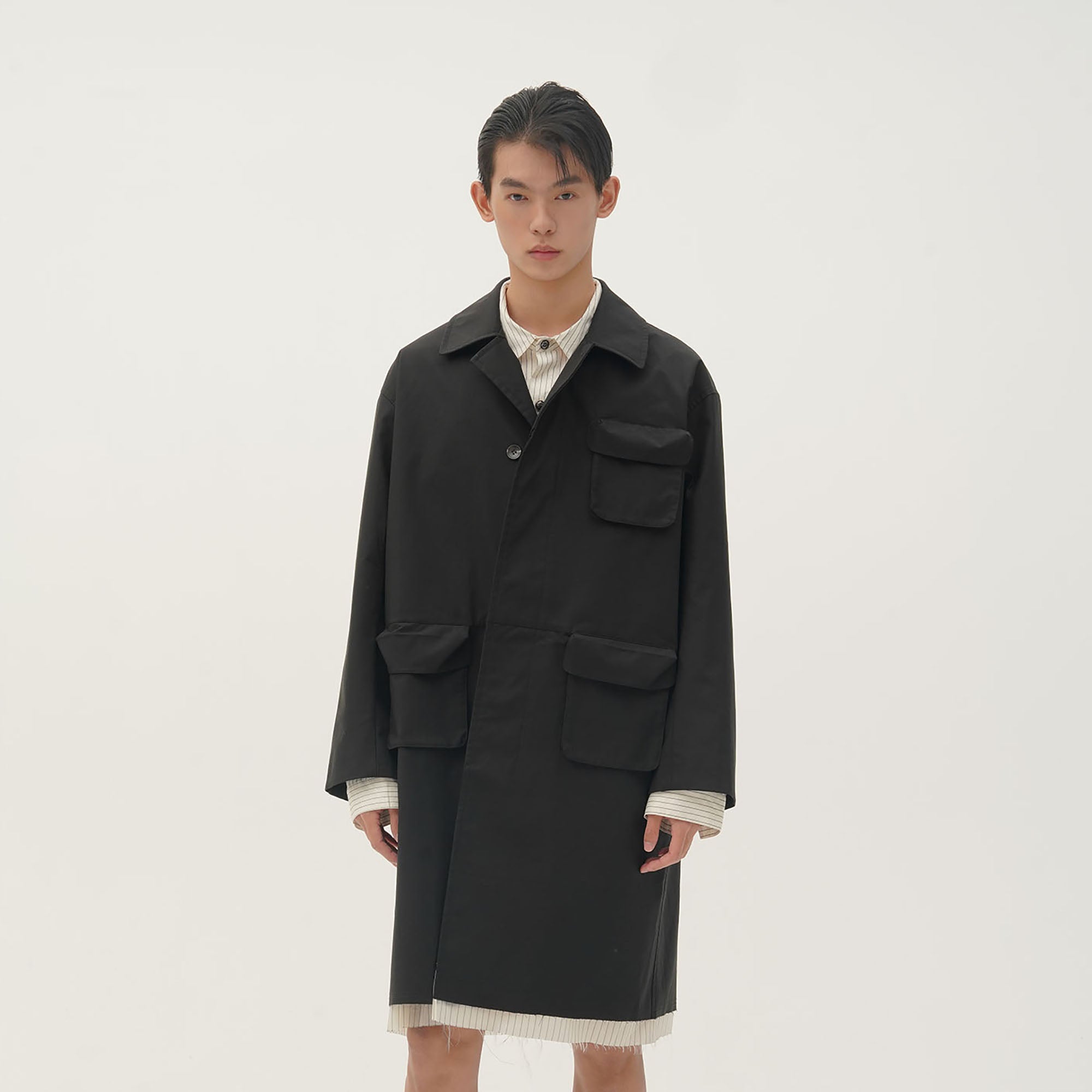 ORAL UTOPIA Faux Layered Hem Multi-Pocket Coat