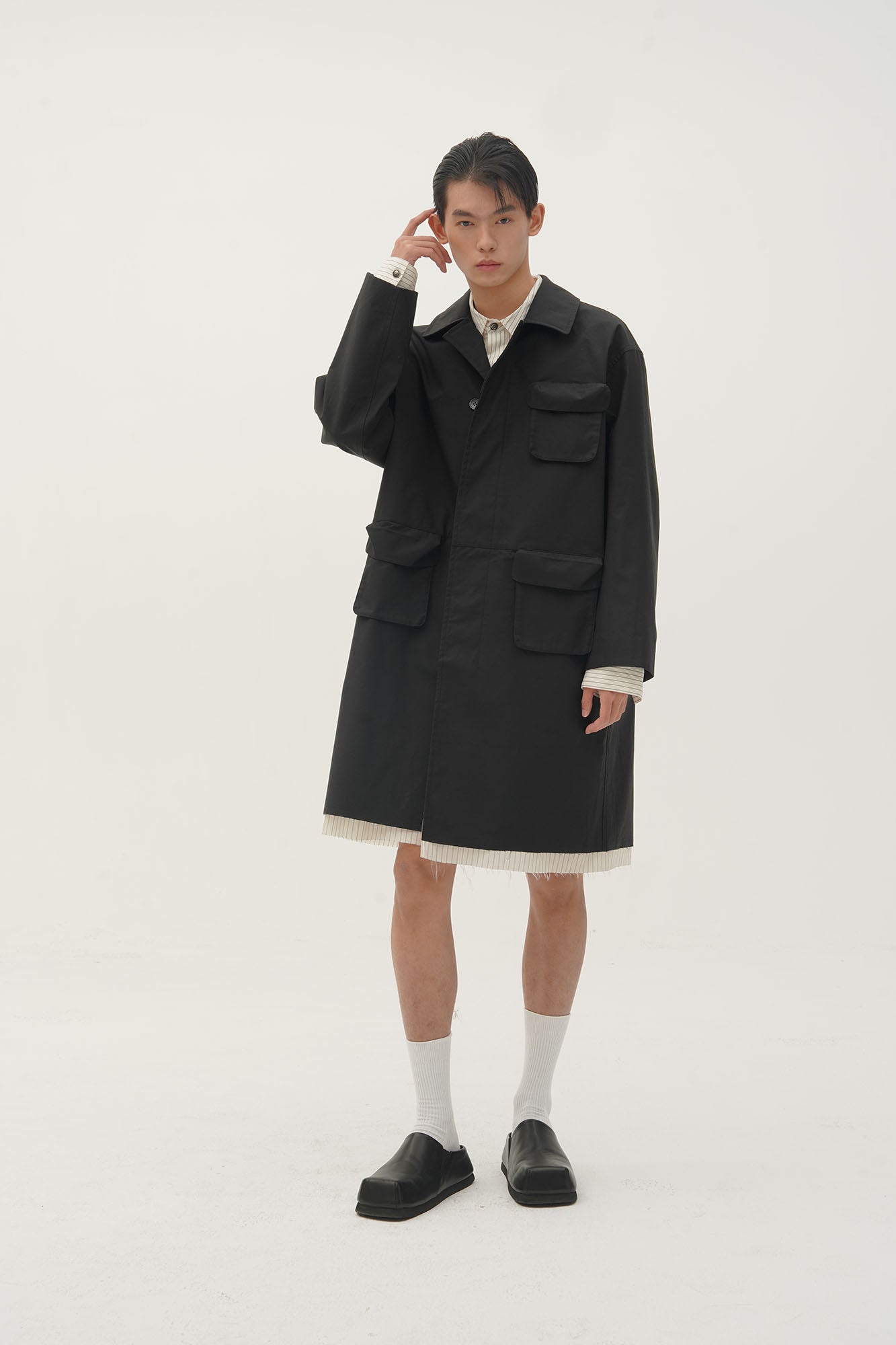 ORAL UTOPIA Faux Layered Hem Multi-Pocket Coat