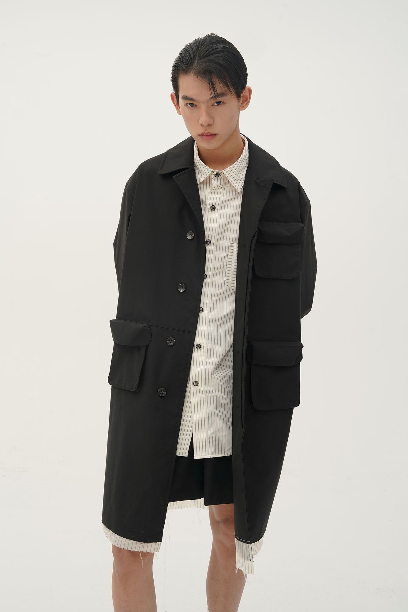 ORAL UTOPIA Faux Layered Hem Multi-Pocket Coat