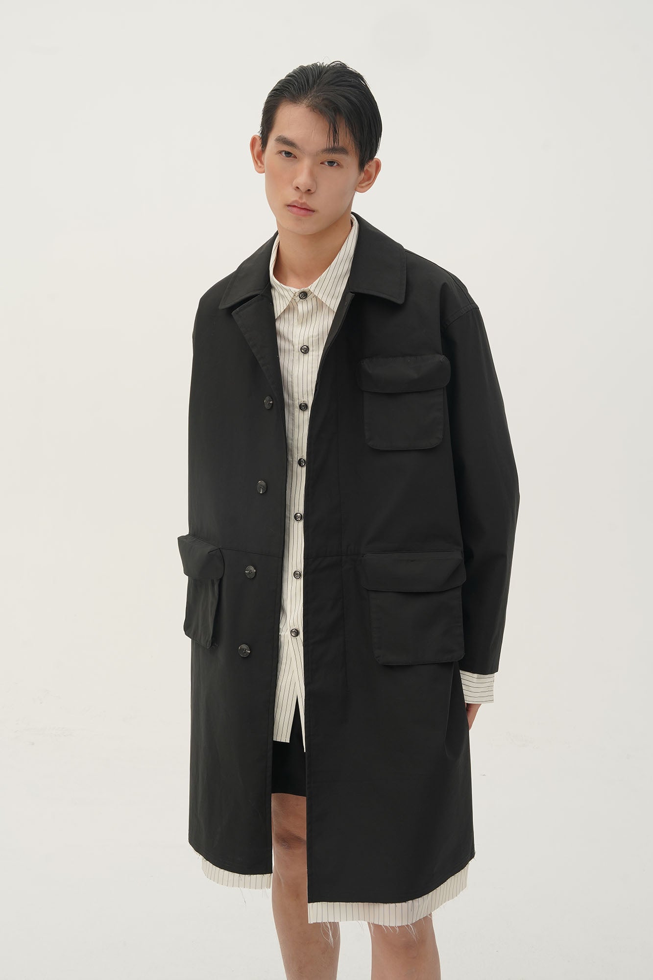ORAL UTOPIA Faux Layered Hem Multi-Pocket Coat