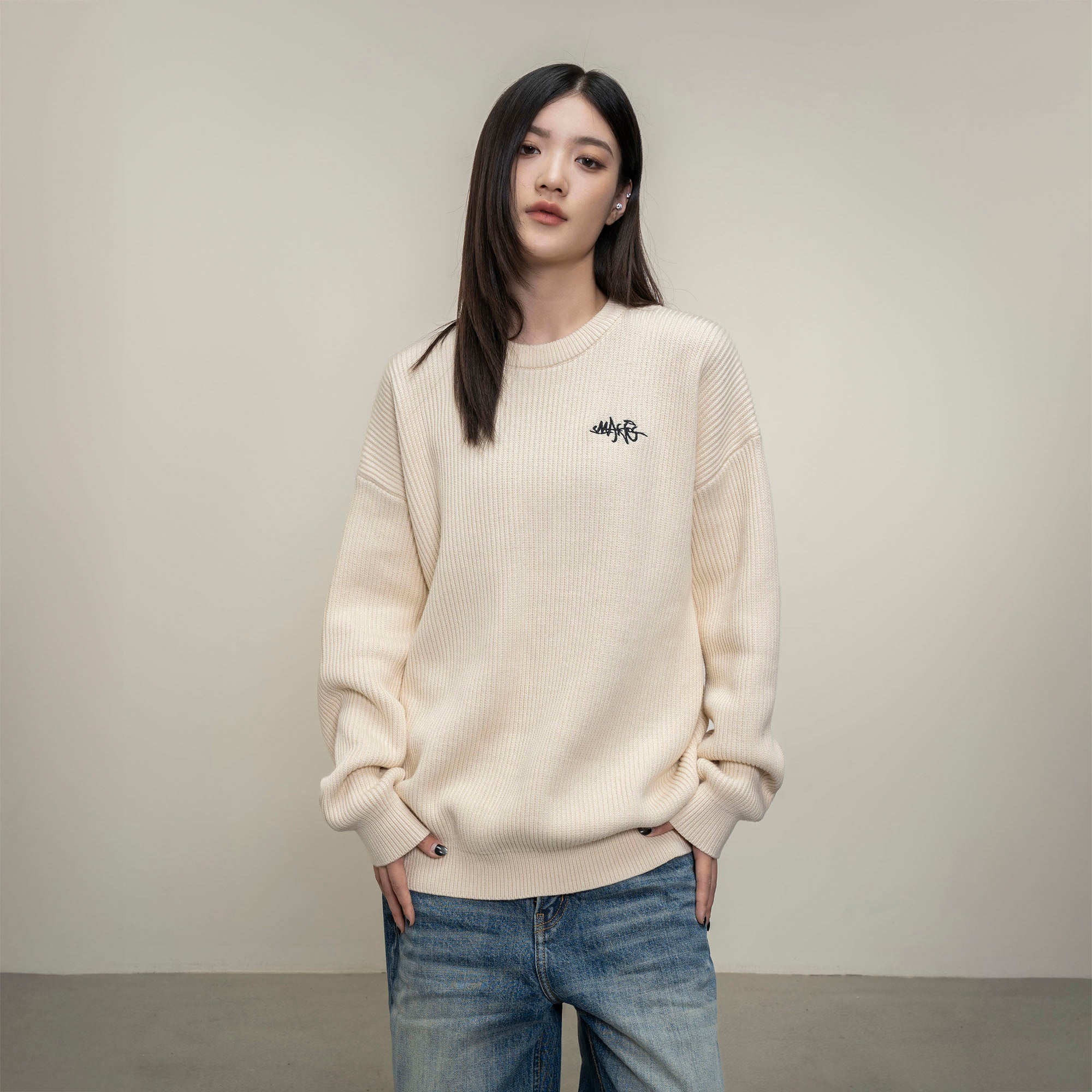 MAKEMORE Embossed Logo Rib Sweater