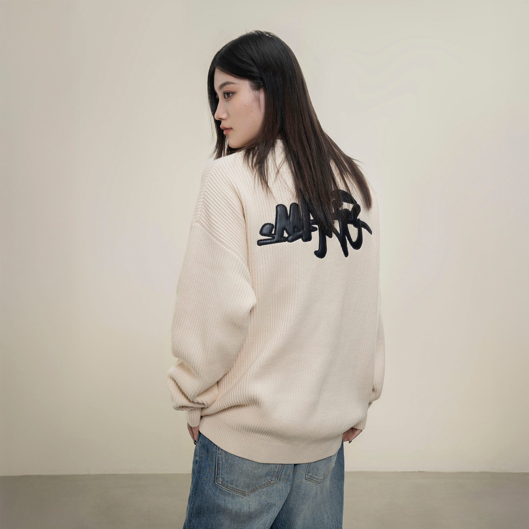 MAKEMORE Embossed Logo Rib Sweater