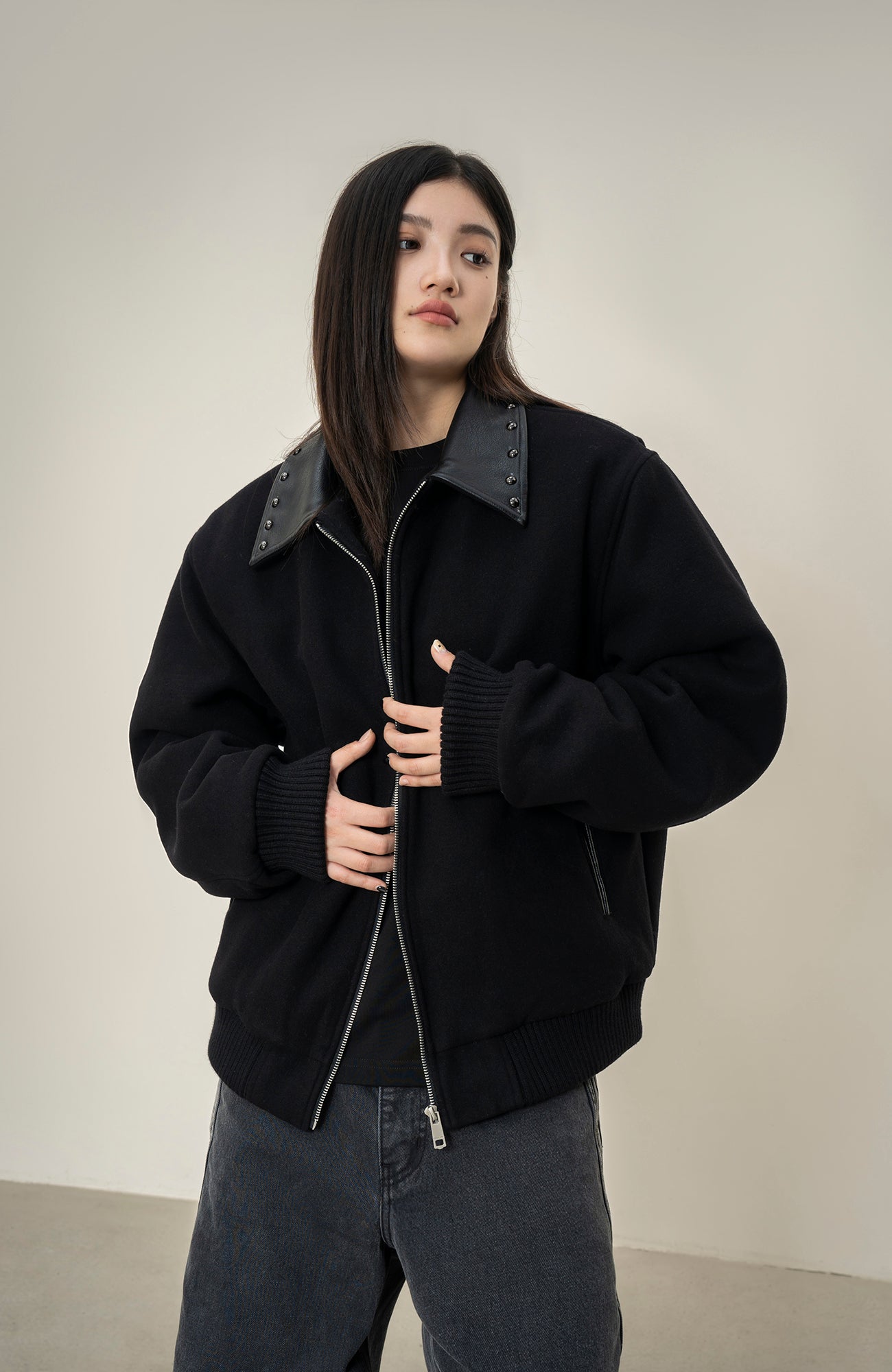 MAKEMORE Studded Collar Wool-Blend Jacket