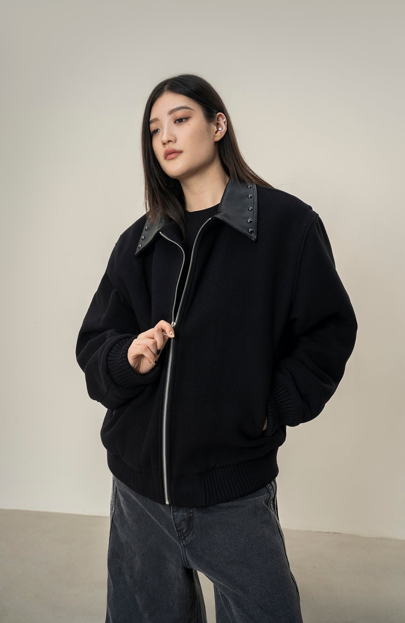 MAKEMORE Studded Collar Wool-Blend Jacket