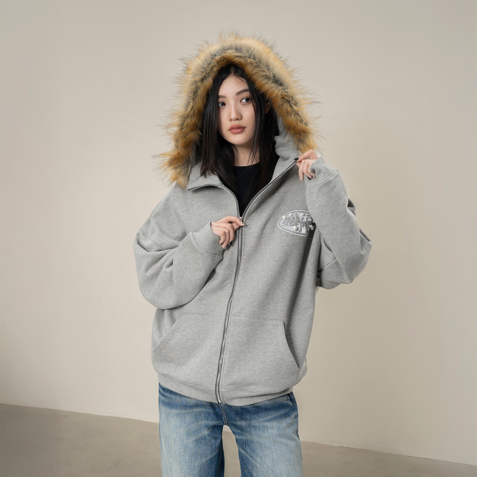 MAKEMORE Faux Fur Trim Pearl Patch Hooded Jacket