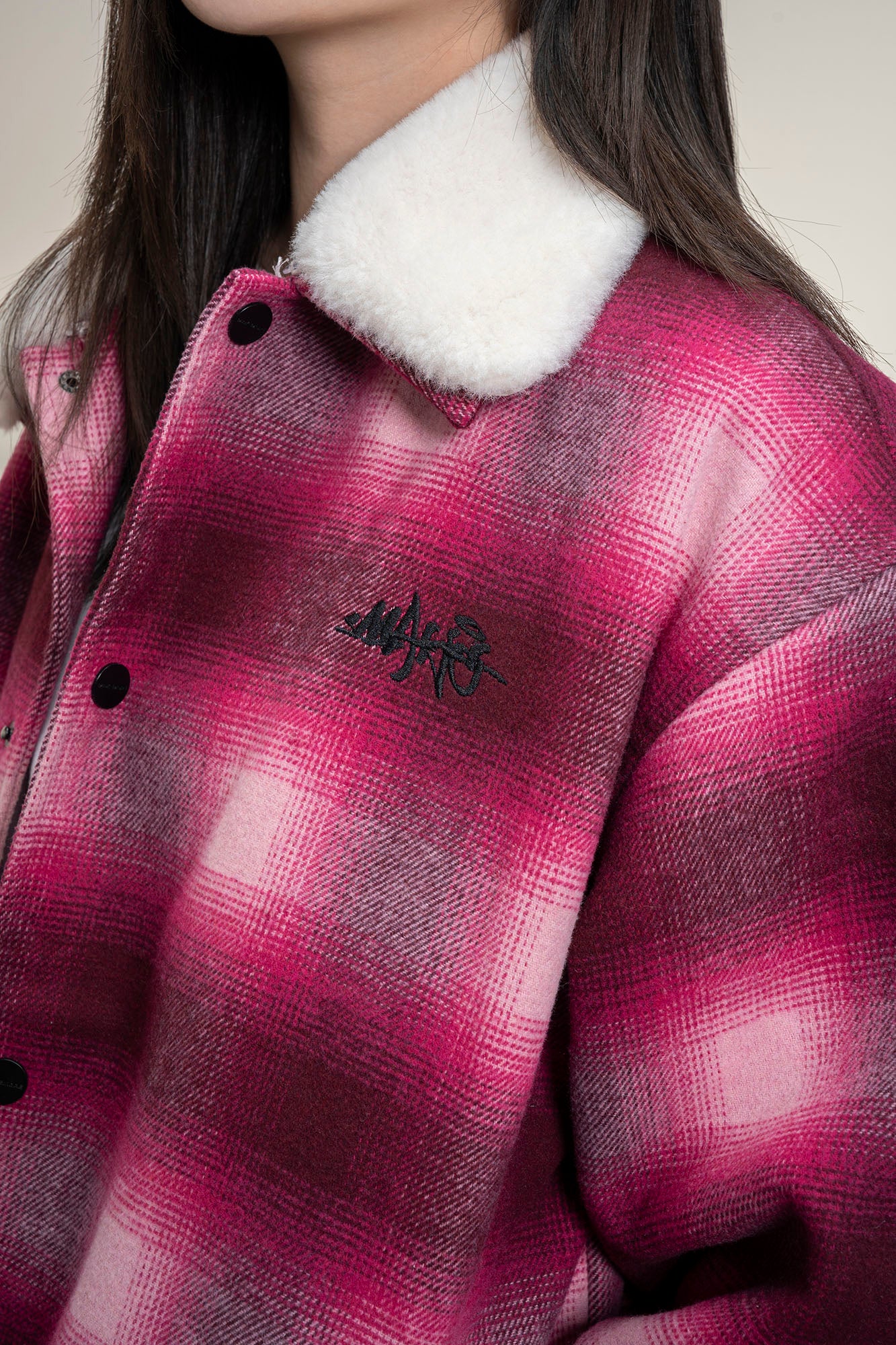 MAKEMORE Detachable Faux Fur Collar Plaid Jacket