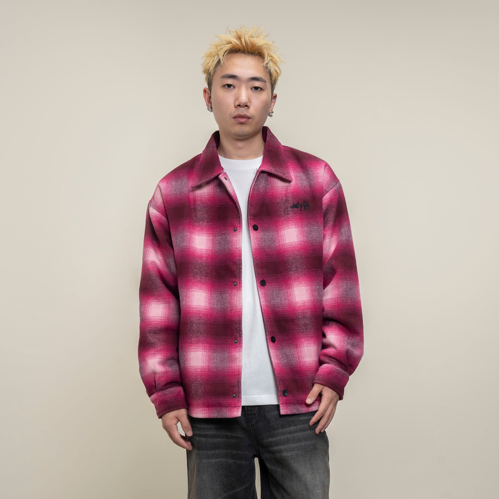 MAKEMORE Detachable Faux Fur Collar Plaid Jacket