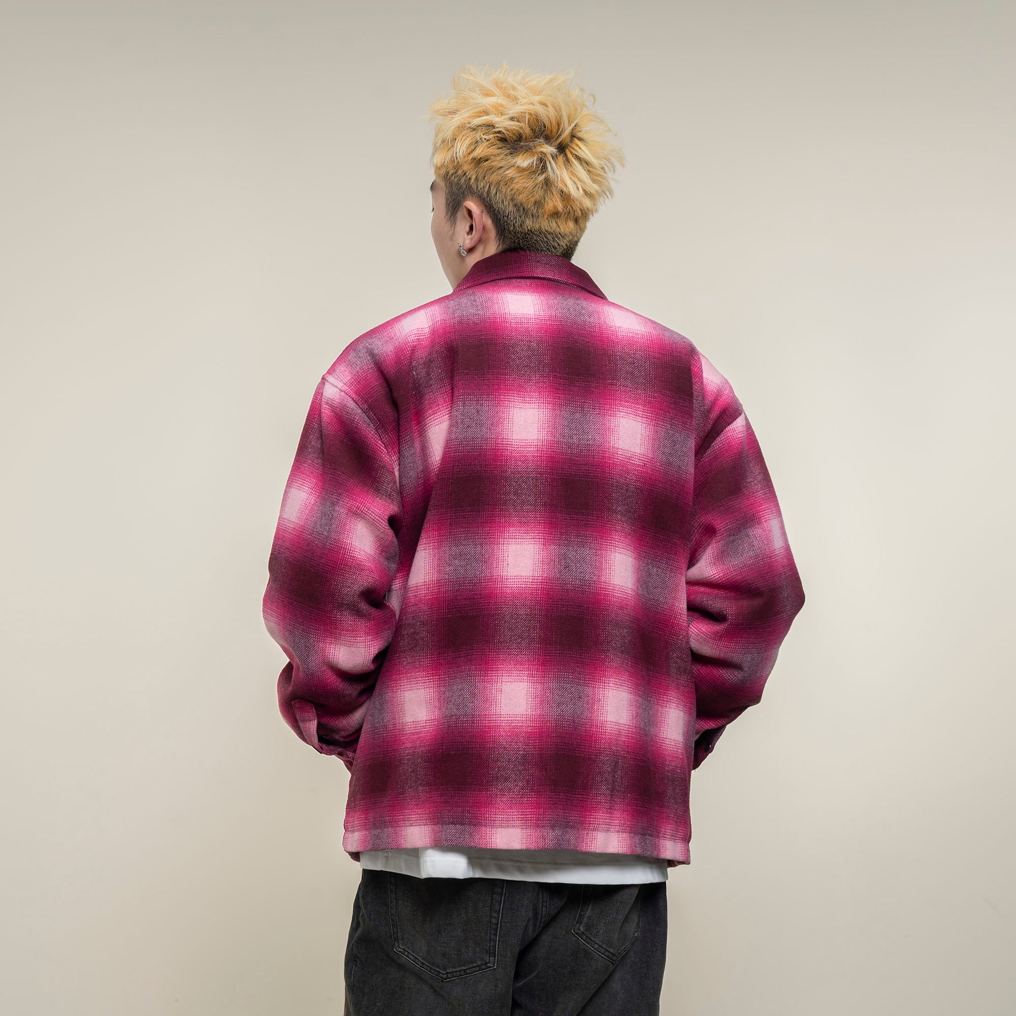 MAKEMORE Detachable Faux Fur Collar Plaid Jacket
