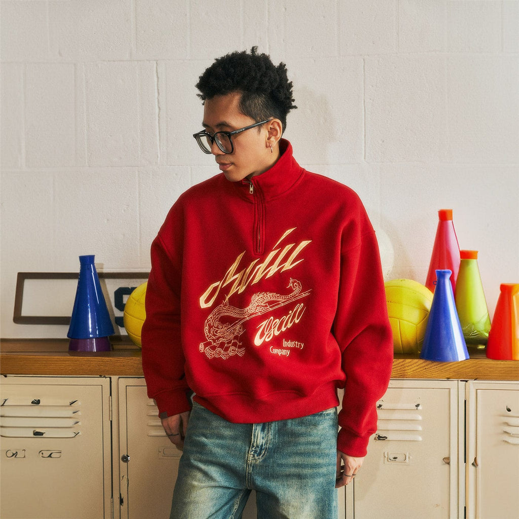 OSCILL Quarter-Zip Dragon Embroidery Sweatshirt, premium urban and streetwear designers apparel on PROJECTISR.com, OSCILL