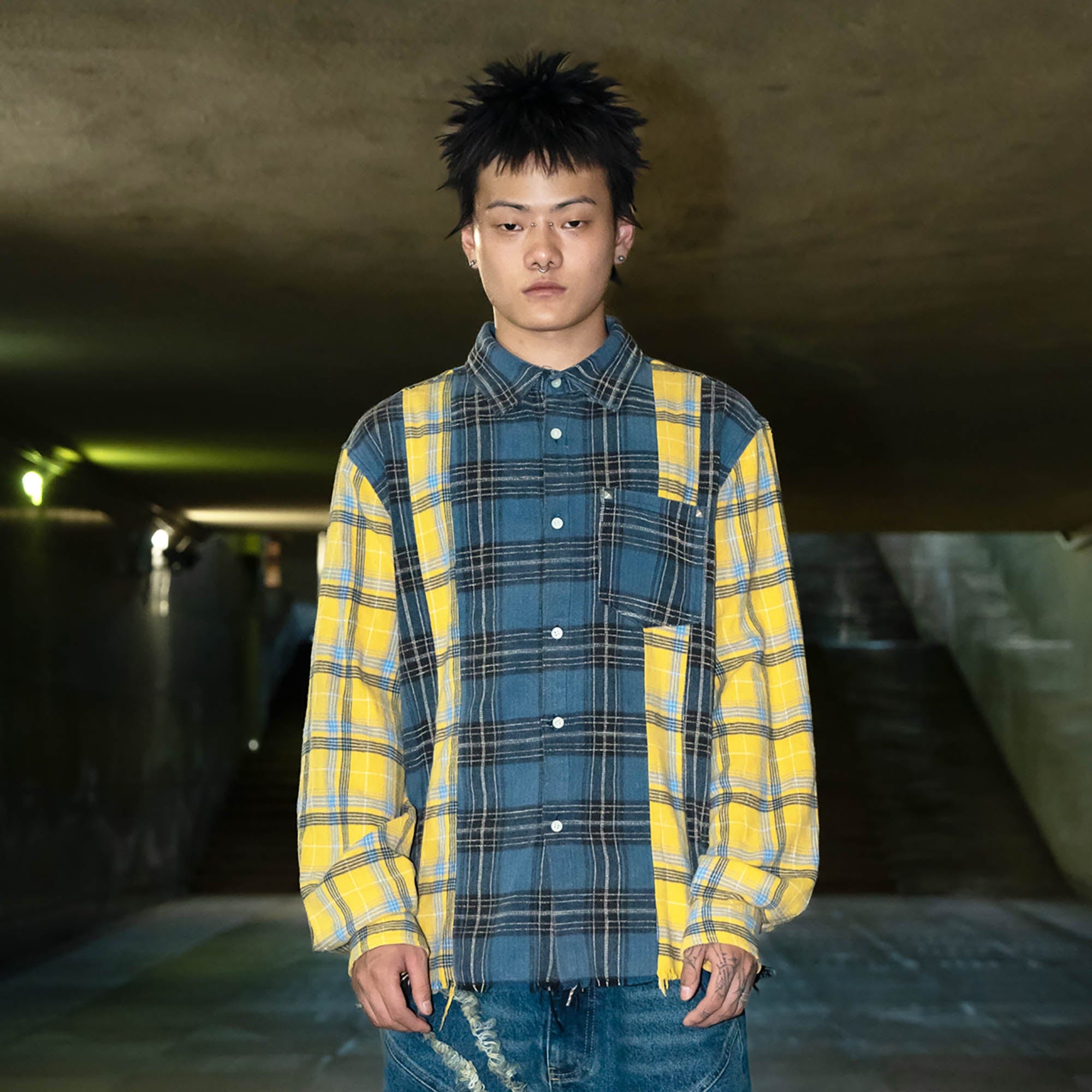 PHANTOMHUNTER Plaid Spliced Frayed Shirt, premium urban and streetwear designers apparel on PROJECTISR.com, PHANTOMHUNTER