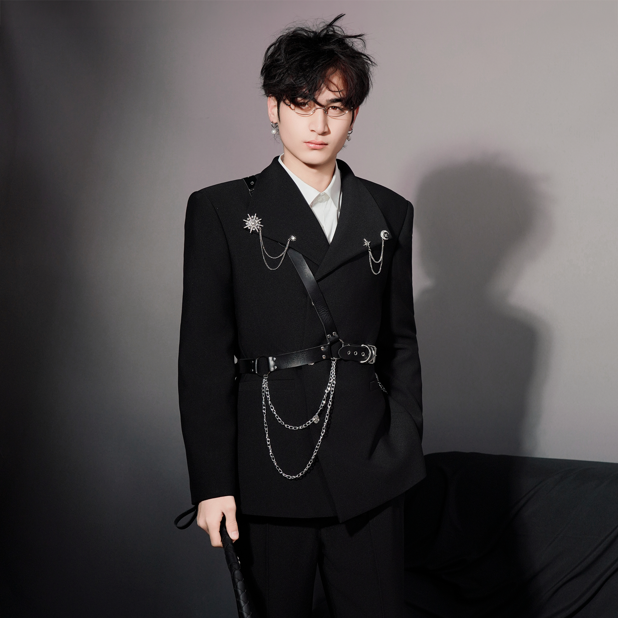 SHANG JIE Asymmetrical Harness Belt Chain-Drape Blazer, premium urban and streetwear designers apparel on PROJECTISR.com, SHANG JIE