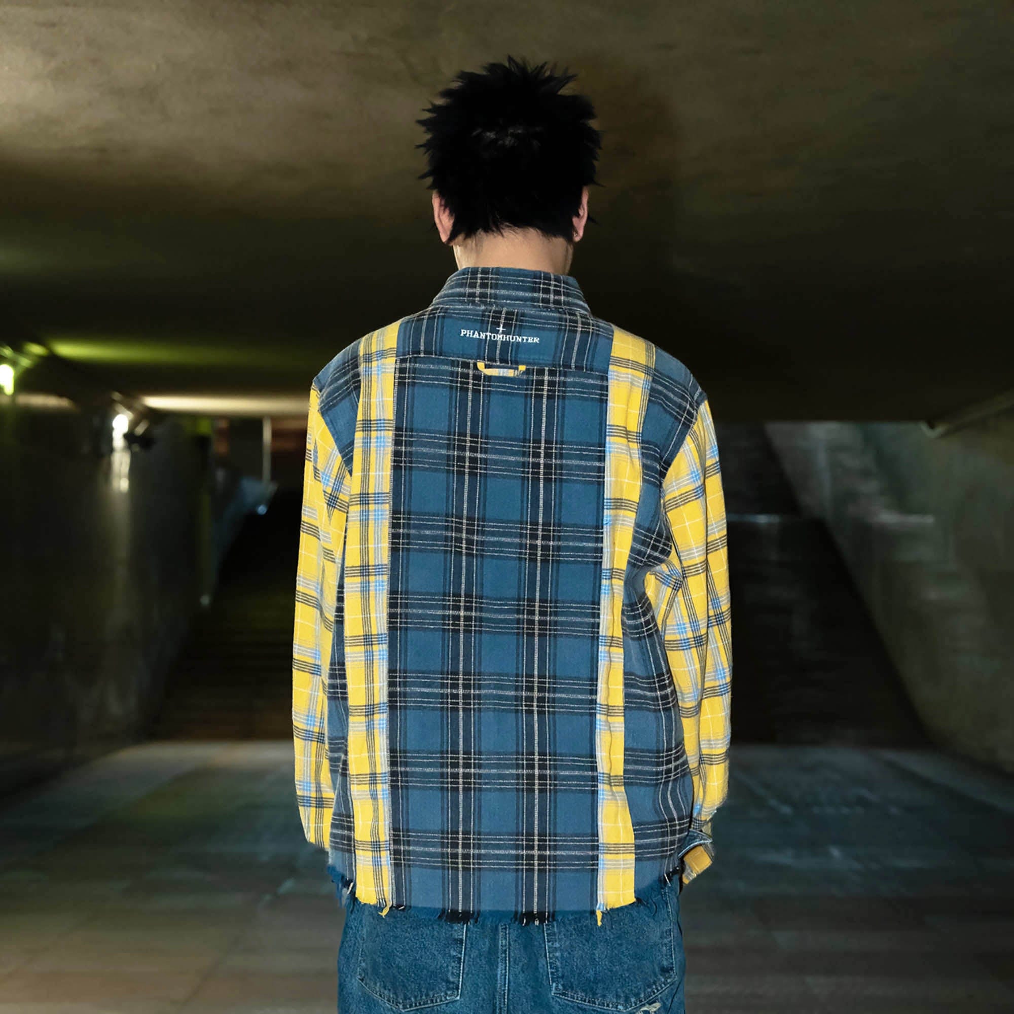 PHANTOMHUNTER Plaid Spliced Frayed Shirt, premium urban and streetwear designers apparel on PROJECTISR.com, PHANTOMHUNTER