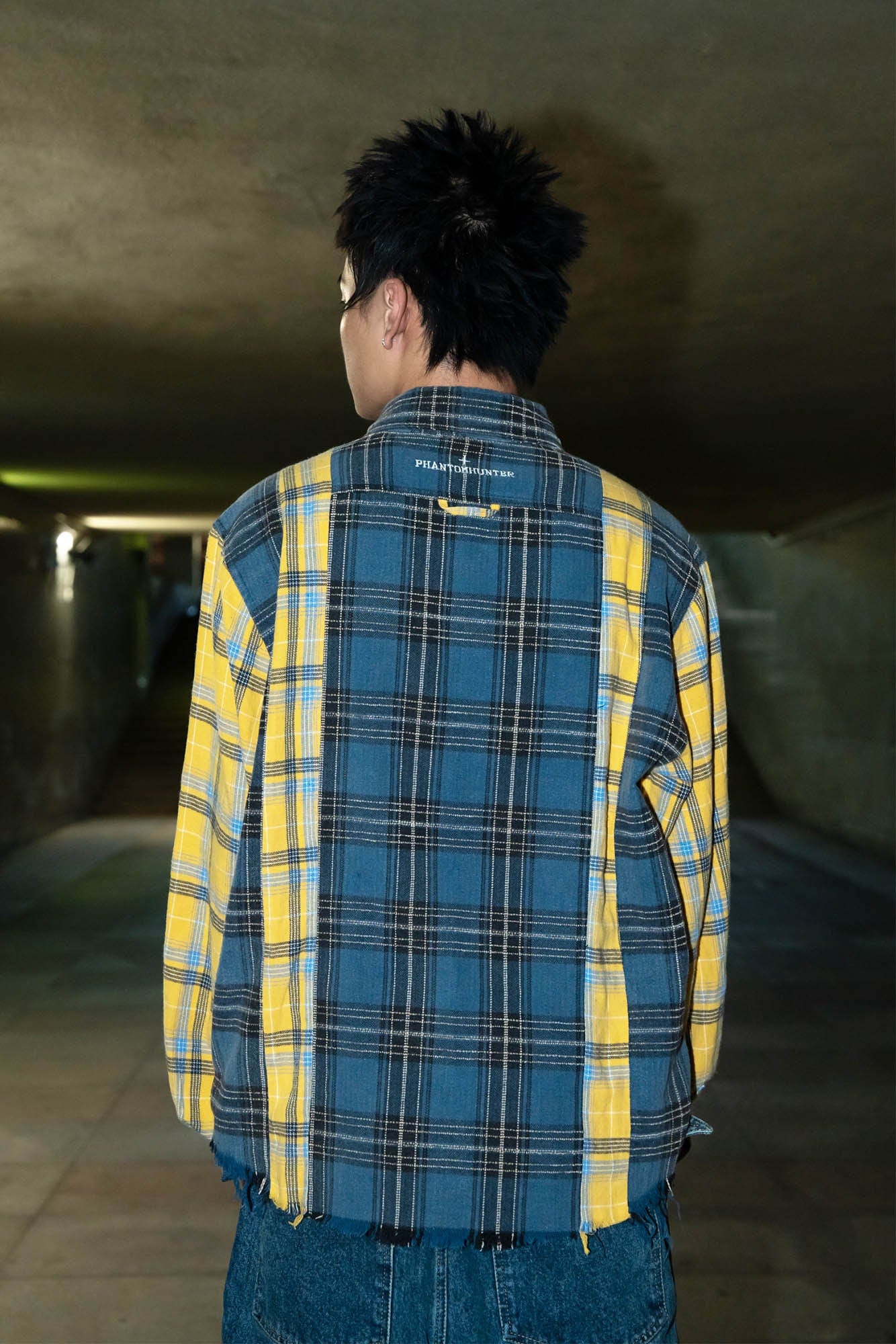 PHANTOMHUNTER Plaid Spliced Frayed Shirt, premium urban and streetwear designers apparel on PROJECTISR.com, PHANTOMHUNTER