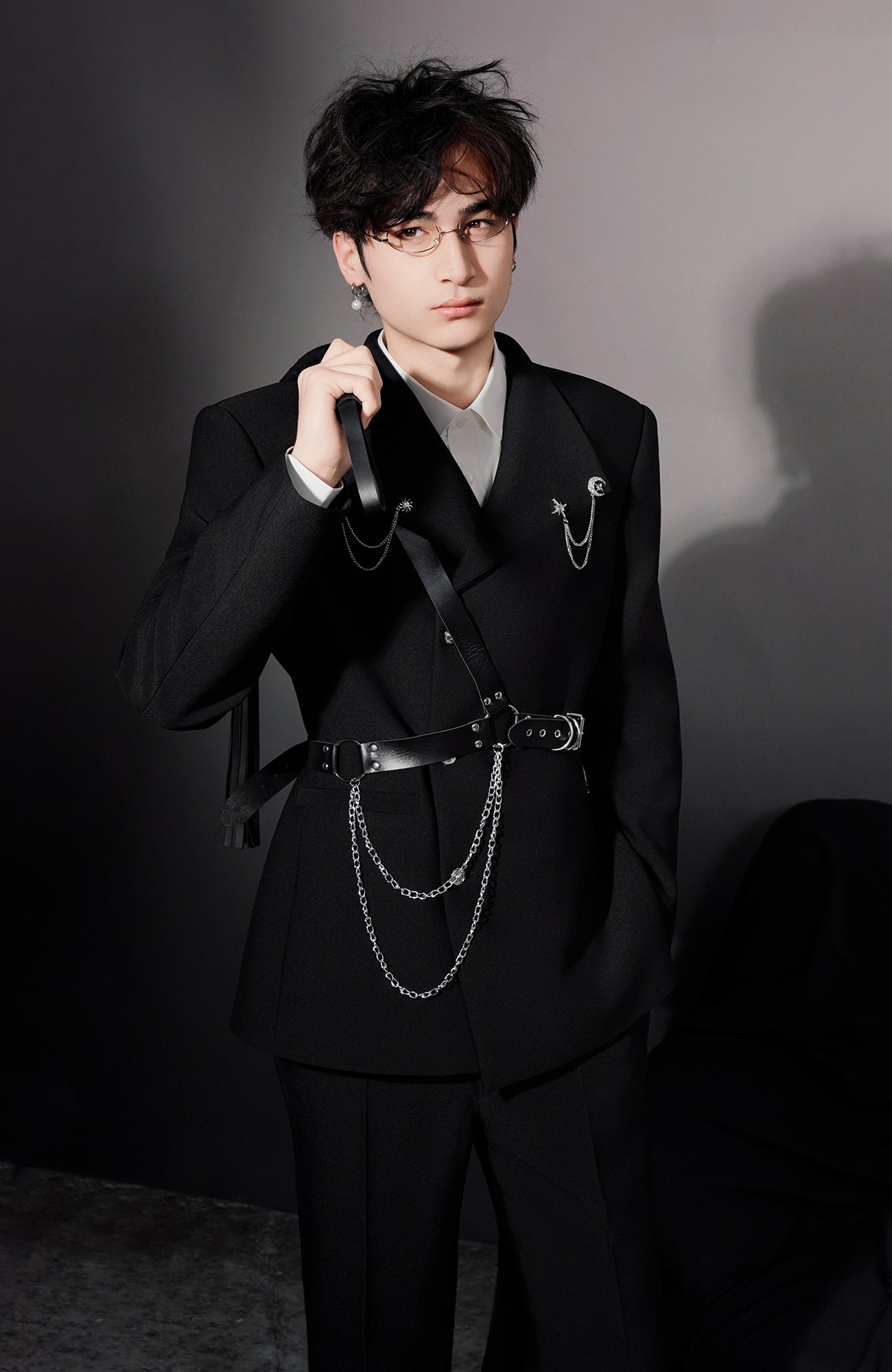 SHANG JIE Asymmetrical Harness Belt Chain-Drape Blazer, premium urban and streetwear designers apparel on PROJECTISR.com, SHANG JIE