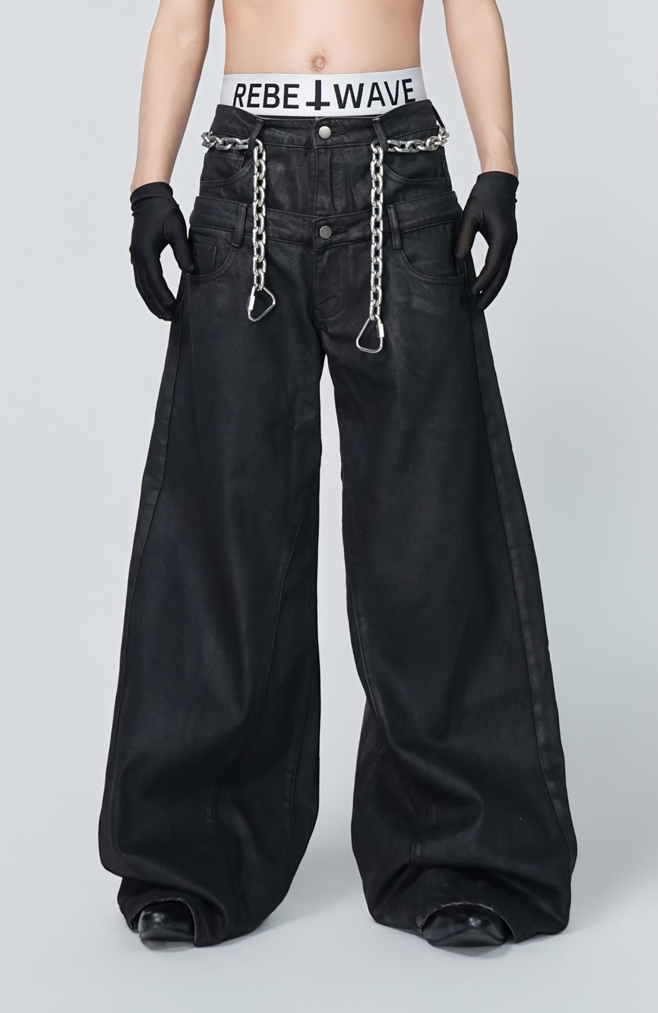 VE2 Coated Double Waist Wide-Leg Jeans