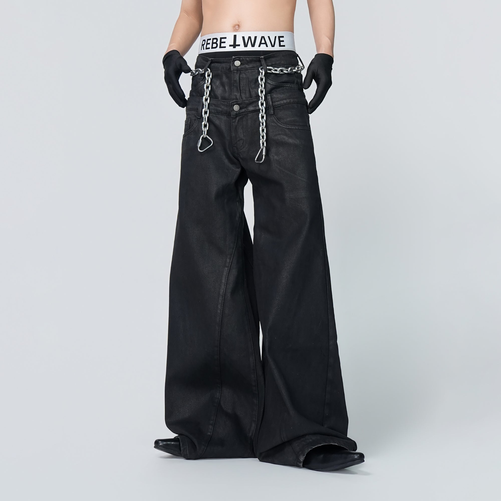 VE2 Coated Double Waist Wide-Leg Jeans