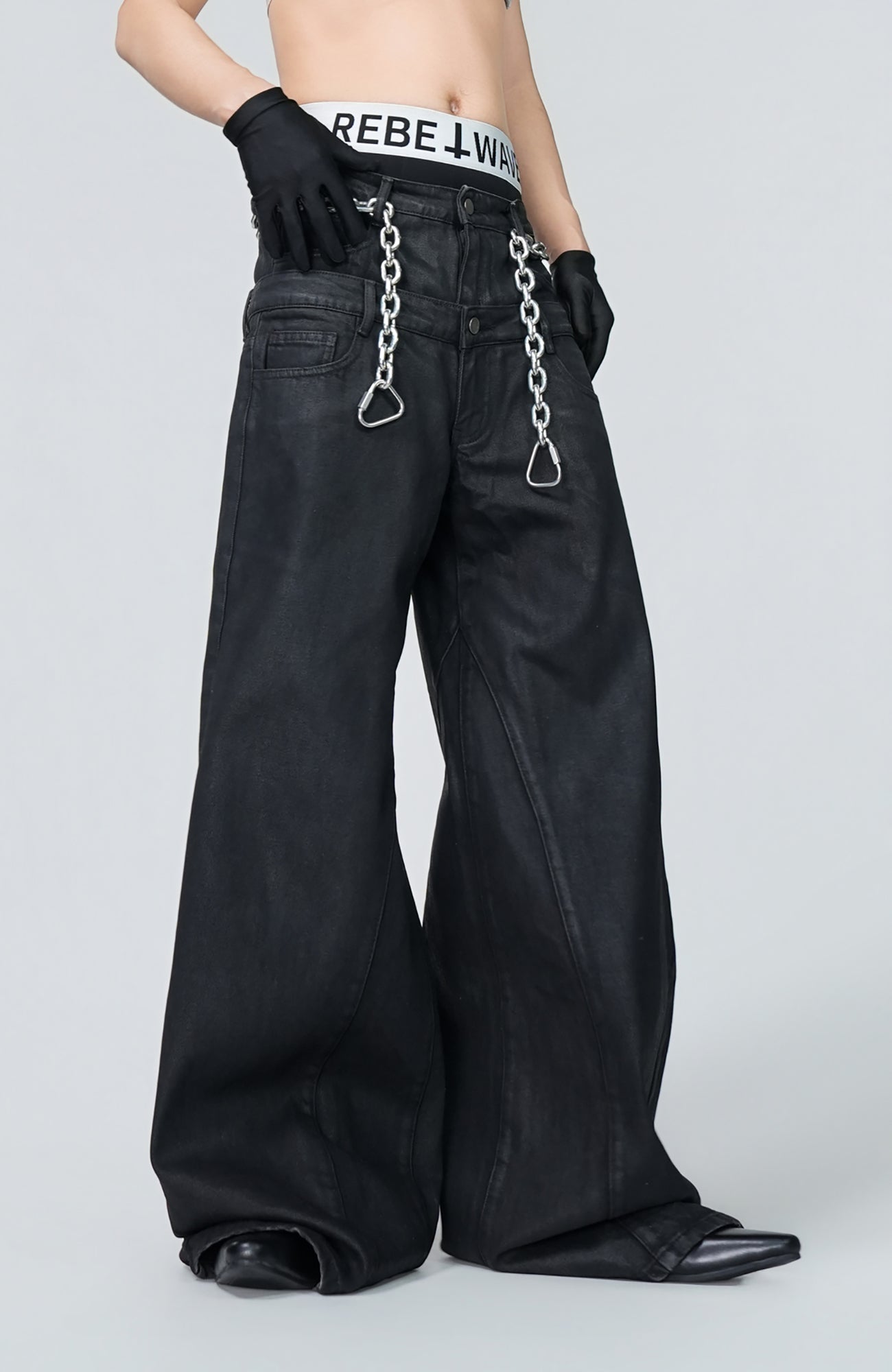 VE2 Coated Double Waist Wide-Leg Jeans