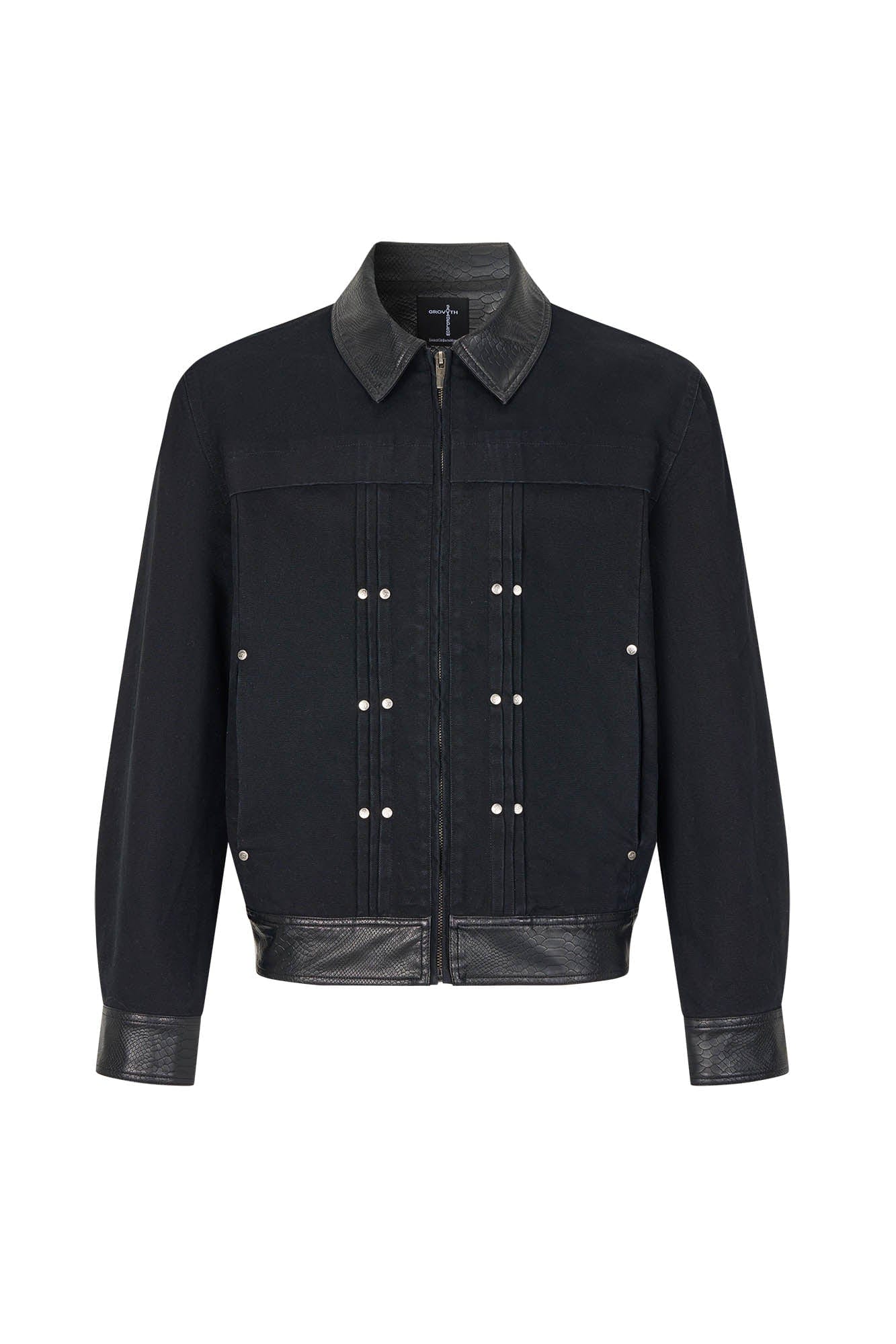 SAVAGEGROWTHWORLD Rivet Faux Leather Paneled Detroit Jacket, premium urban and streetwear designers apparel on PROJECTISR.com, SAVAGEGROWTHWORLD