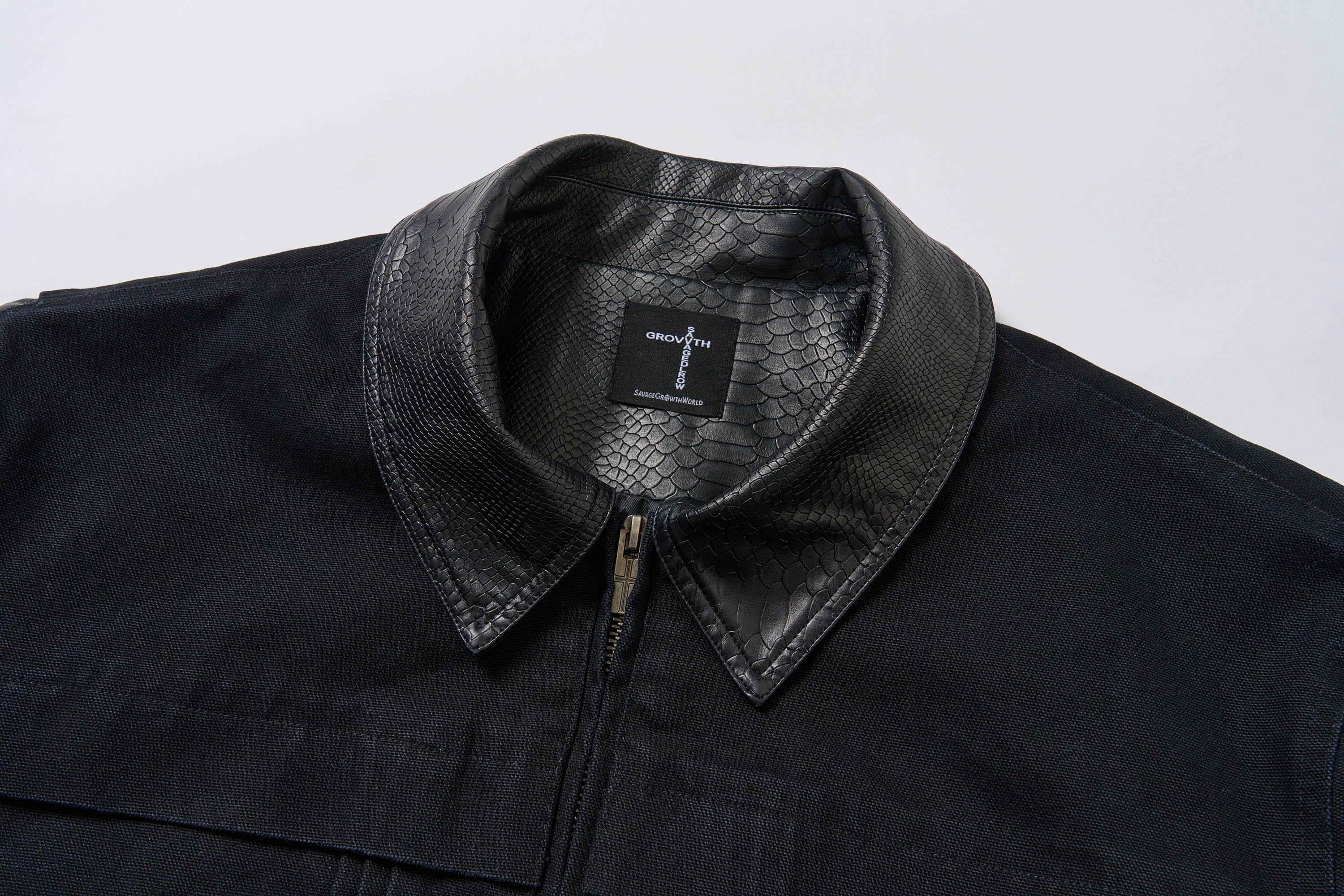 SAVAGEGROWTHWORLD Rivet Faux Leather Paneled Detroit Jacket, premium urban and streetwear designers apparel on PROJECTISR.com, SAVAGEGROWTHWORLD