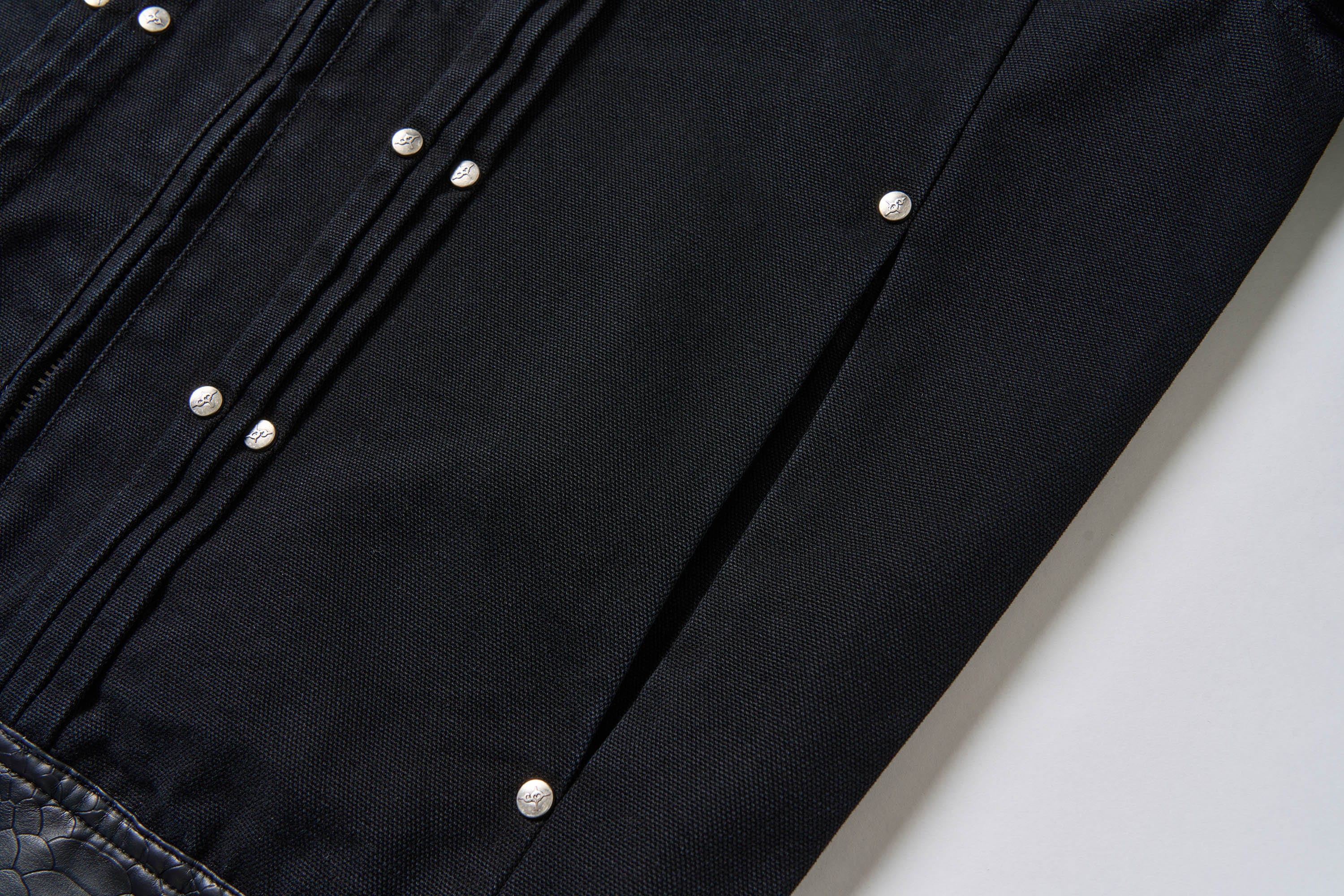 SAVAGEGROWTHWORLD Rivet Faux Leather Paneled Detroit Jacket, premium urban and streetwear designers apparel on PROJECTISR.com, SAVAGEGROWTHWORLD