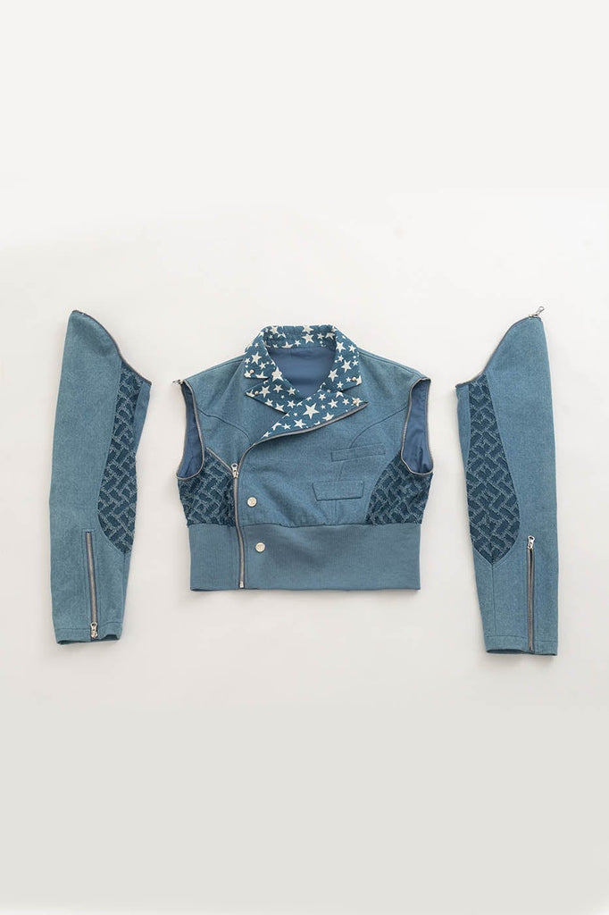 KADAKADA Star Spliced Detachable-Sleeve Denim Jacket, premium urban and streetwear designers apparel on PROJECTISR.com, KADAKADA