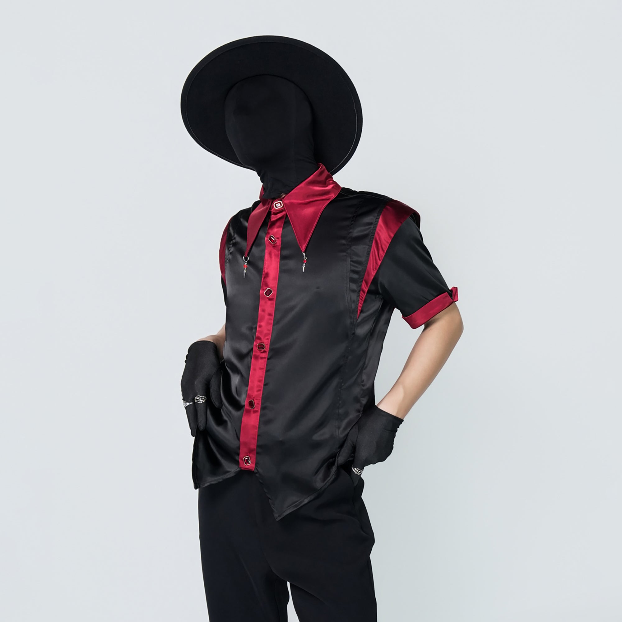 VE2 Contrast Satin Point Collar Half Shirt