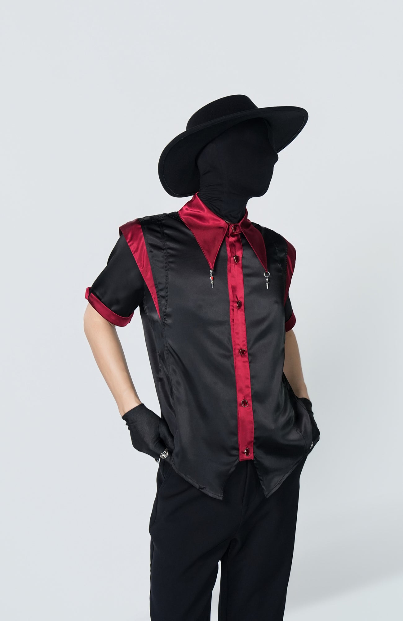 VE2 Contrast Satin Point Collar Half Shirt