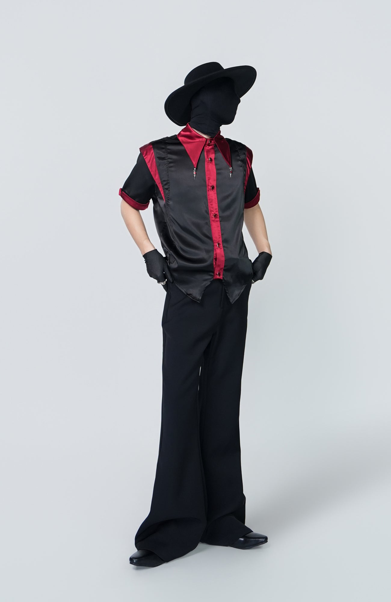 VE2 Contrast Satin Point Collar Half Shirt