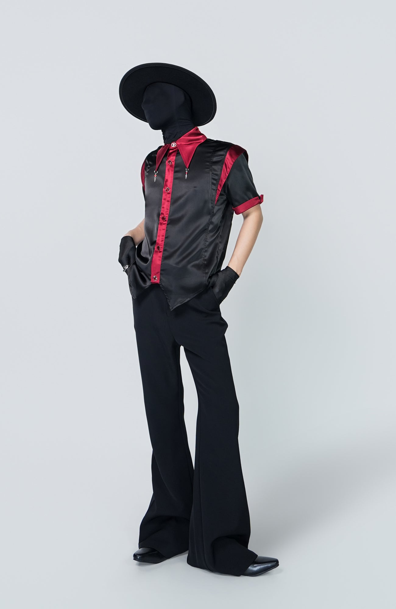 VE2 Contrast Satin Point Collar Half Shirt