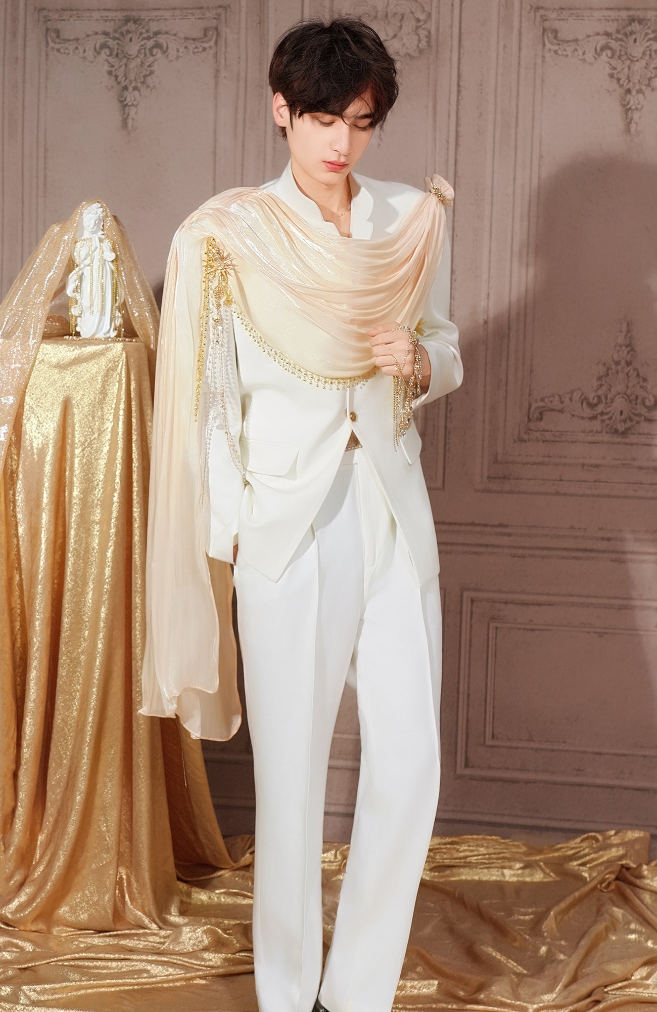 SHANG JIE Chain-Draped Sheer Overlay Blazer, premium urban and streetwear designers apparel on PROJECTISR.com, SHANG JIE