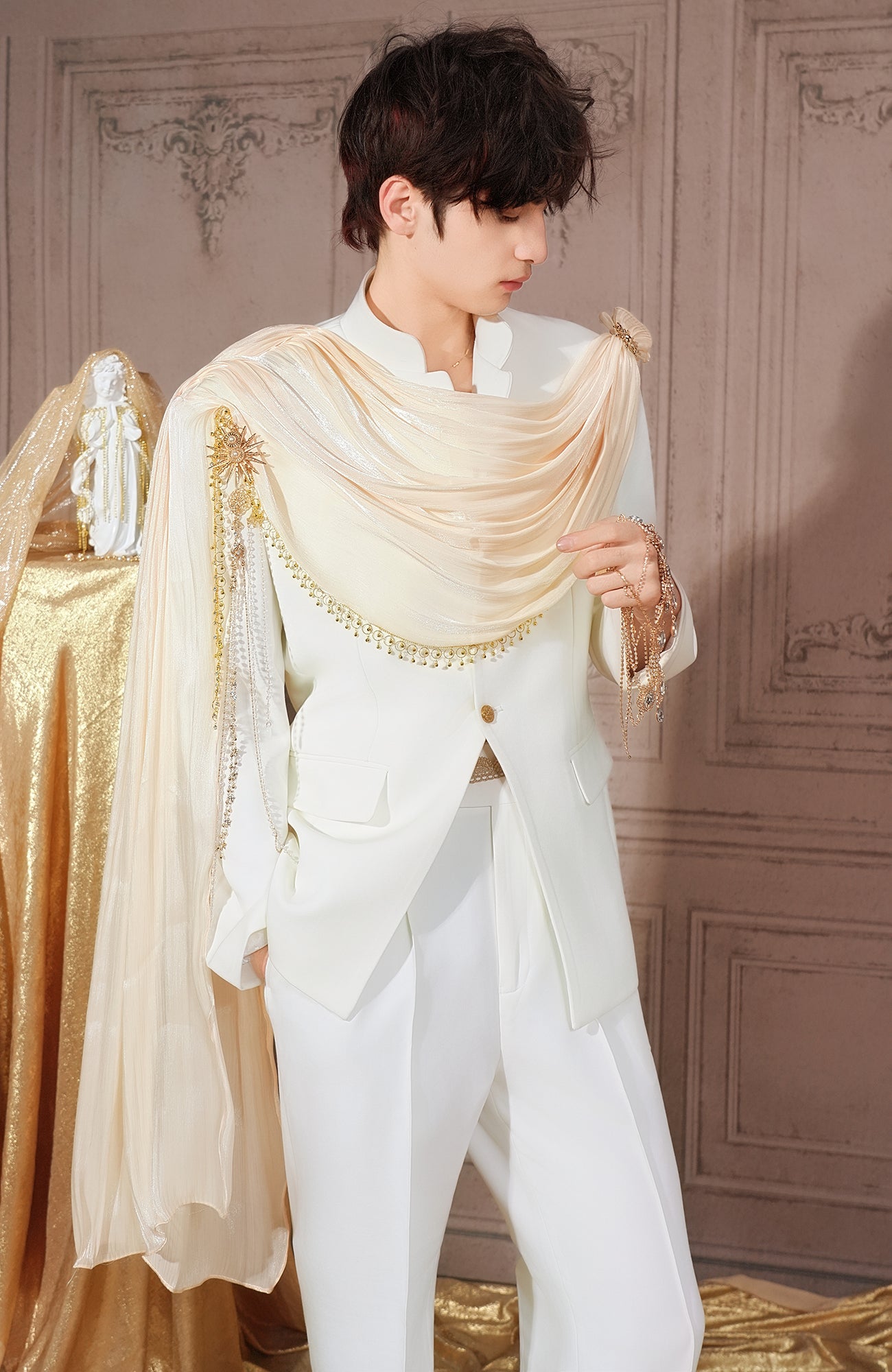 SHANG JIE Chain-Draped Sheer Overlay Blazer, premium urban and streetwear designers apparel on PROJECTISR.com, SHANG JIE