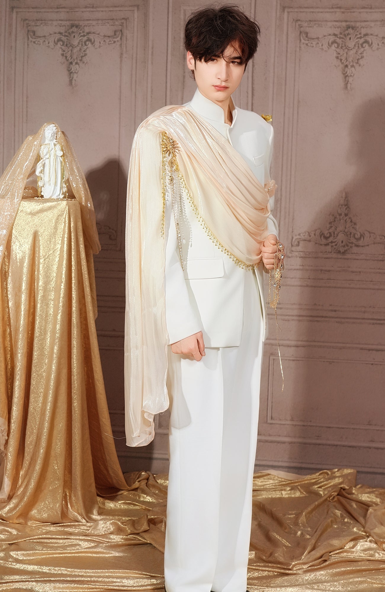 SHANG JIE Chain-Draped Sheer Overlay Blazer, premium urban and streetwear designers apparel on PROJECTISR.com, SHANG JIE
