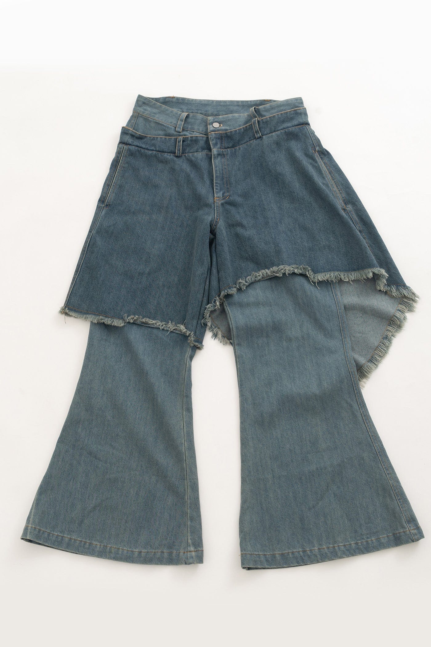 KADAKADA Raw Edge Double Layered Washed Flare Jeans, premium urban and streetwear designers apparel on PROJECTISR.com, KADAKADA