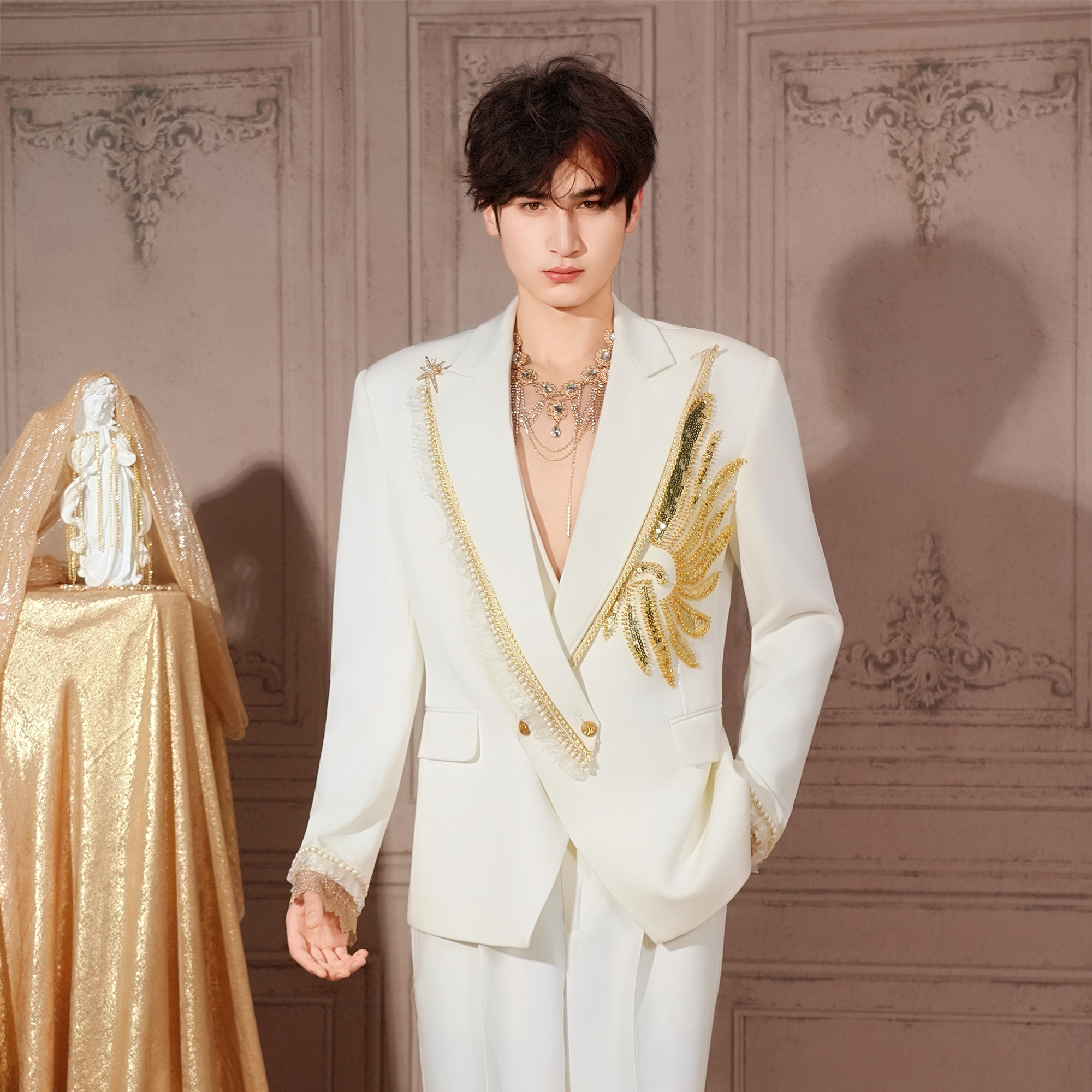 SHANG JIE Phoenix Embroidered Lace-Trim Blazer, premium urban and streetwear designers apparel on PROJECTISR.com, SHANG JIE