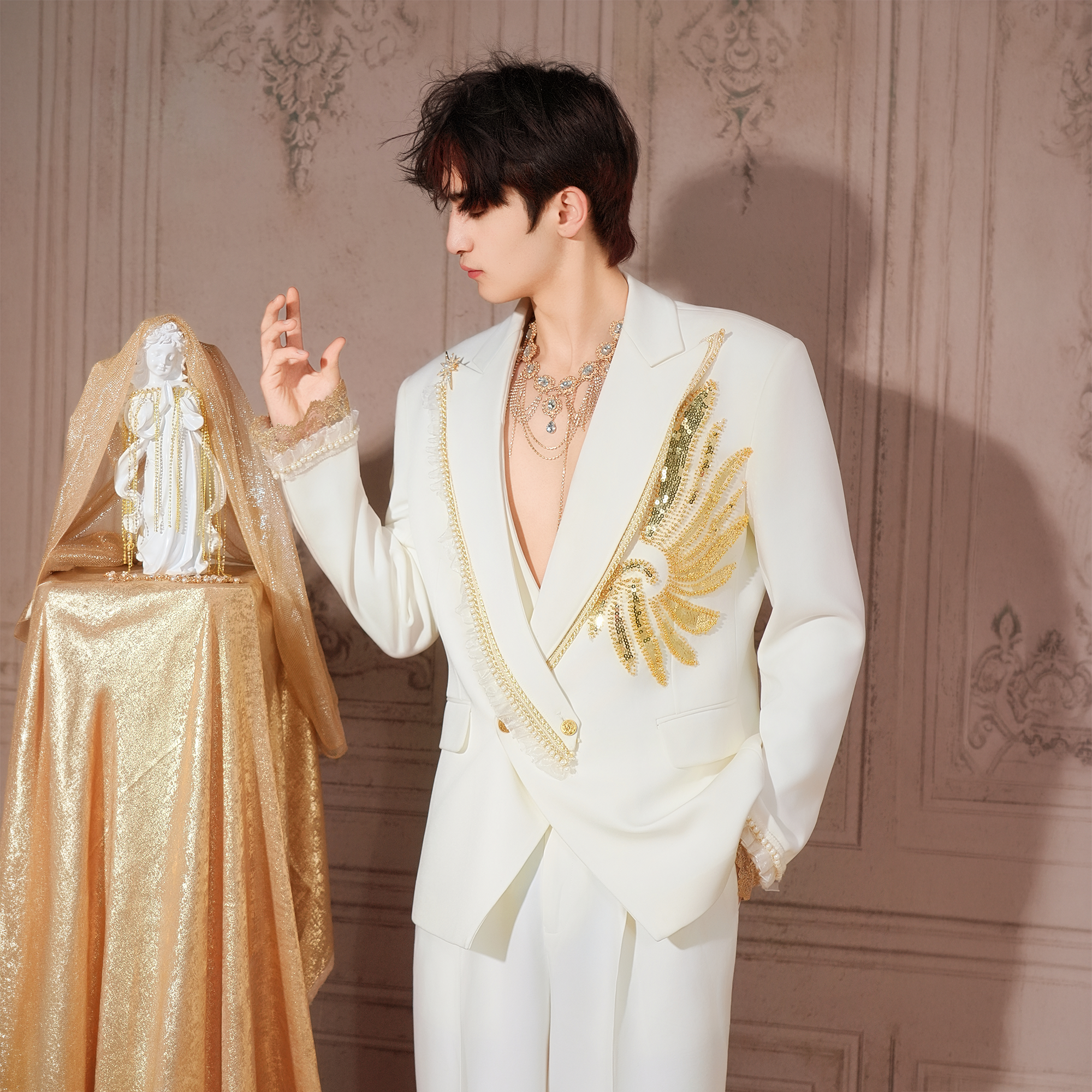 SHANG JIE Phoenix Embroidered Lace-Trim Blazer, premium urban and streetwear designers apparel on PROJECTISR.com, SHANG JIE