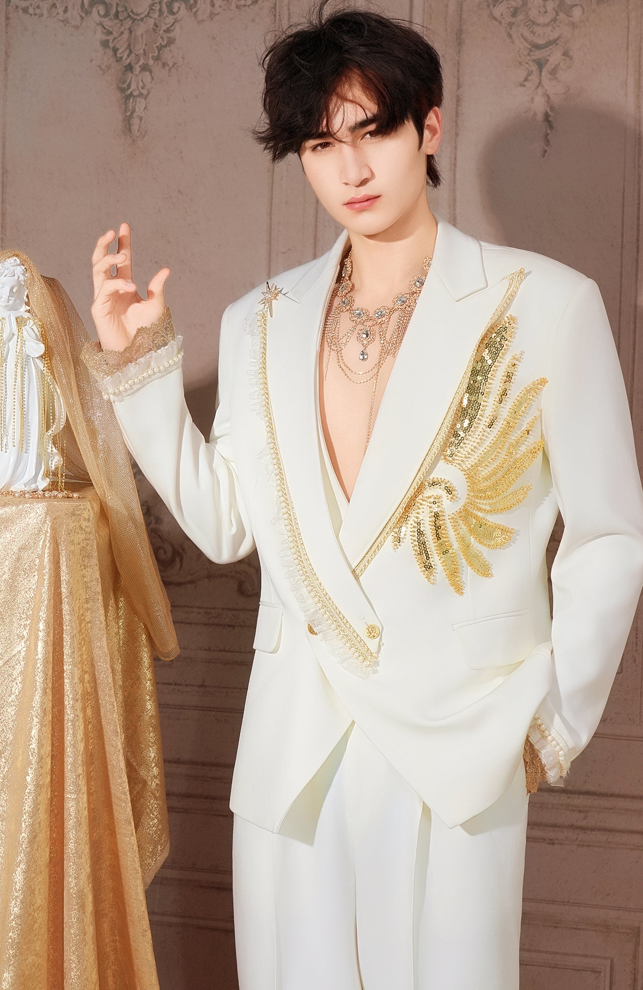 SHANG JIE Phoenix Embroidered Lace-Trim Blazer, premium urban and streetwear designers apparel on PROJECTISR.com, SHANG JIE