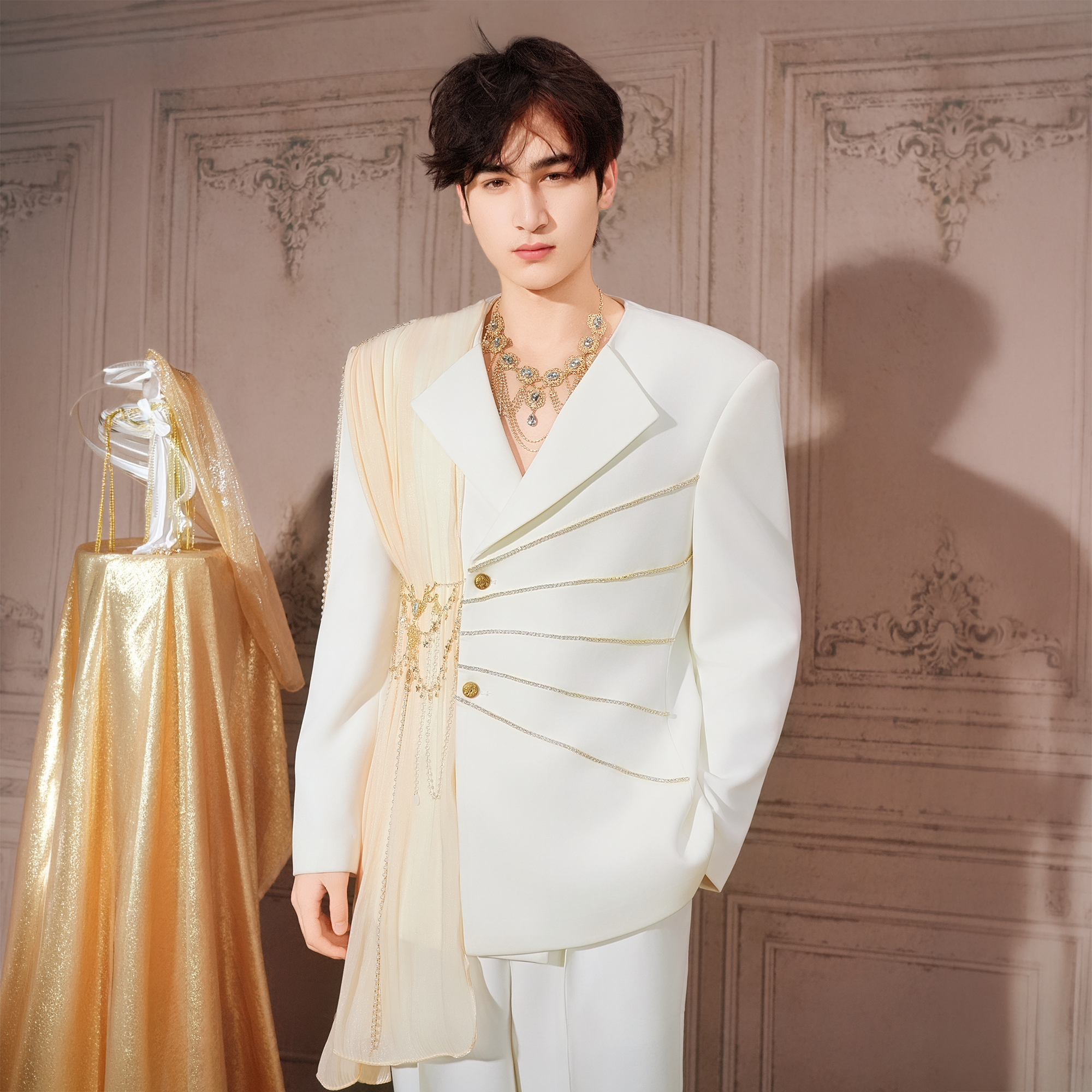 SHANG JIE Chain-Draped Sheer Panel Blazer, premium urban and streetwear designers apparel on PROJECTISR.com, SHANG JIE