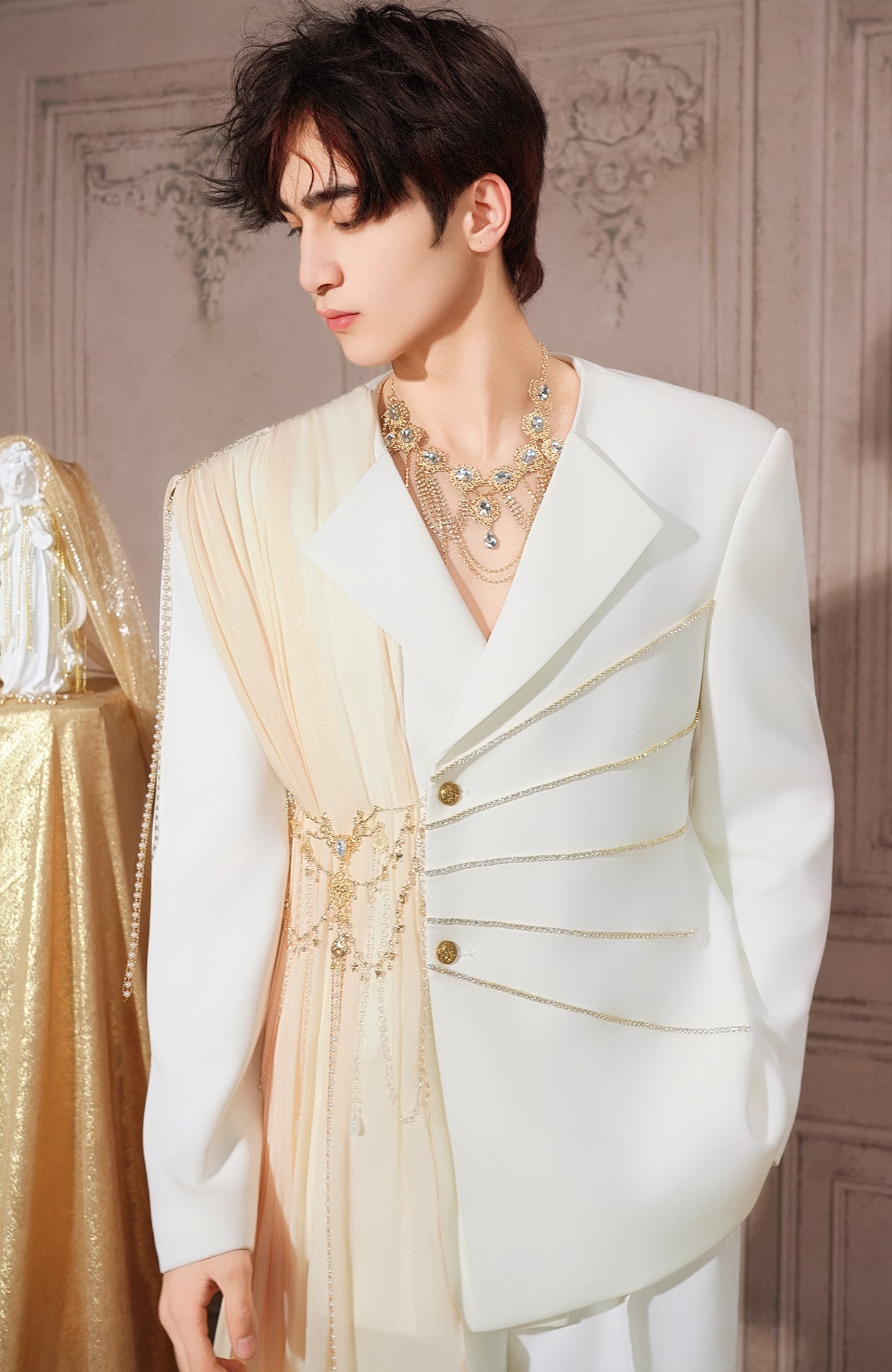 SHANG JIE Chain-Draped Sheer Panel Blazer, premium urban and streetwear designers apparel on PROJECTISR.com, SHANG JIE
