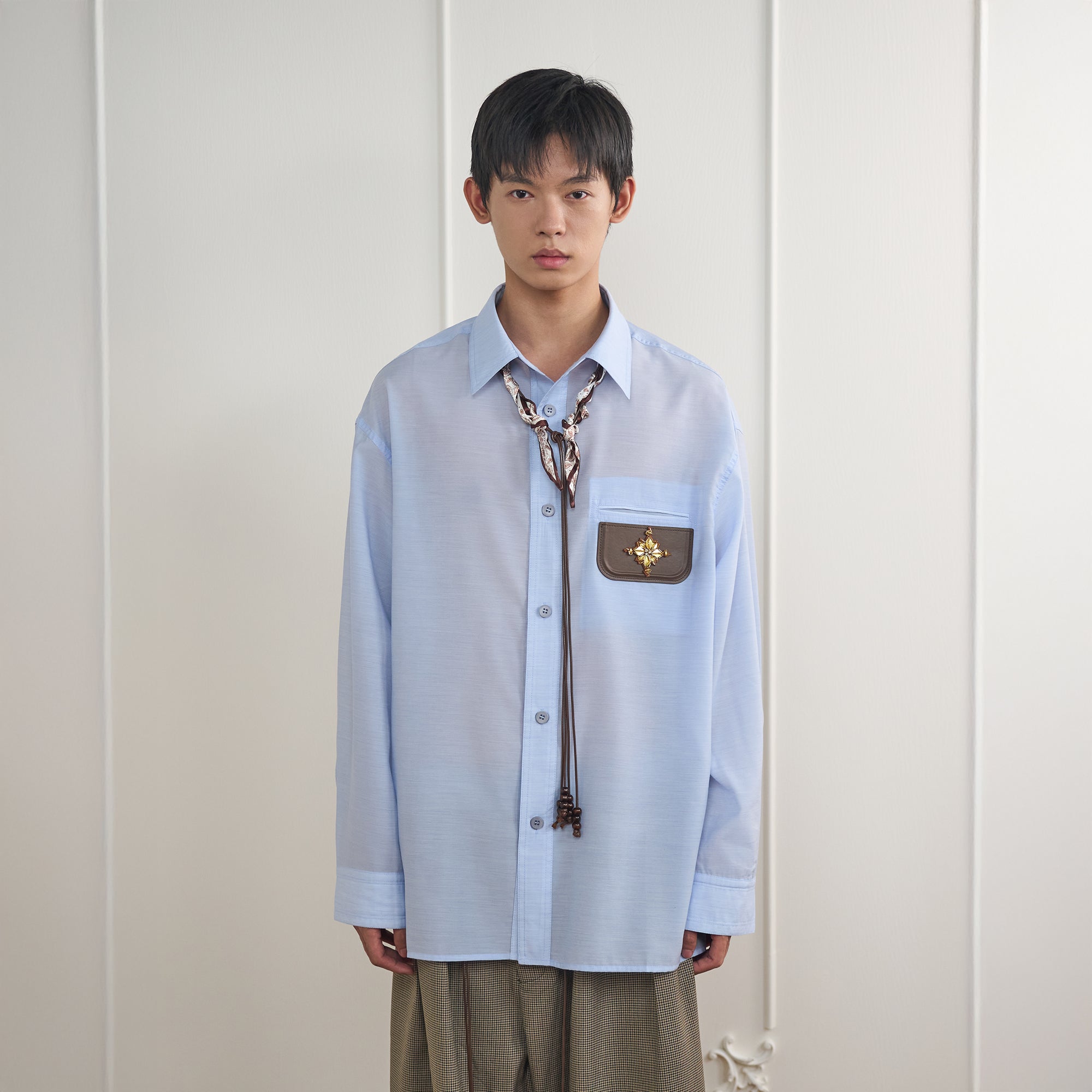 ORAL UTOPIA Embellished Patch Faux-Leather Pocket Shirt, premium urban and streetwear designers apparel on PROJECTISR.com, ORAL UTOPIA
