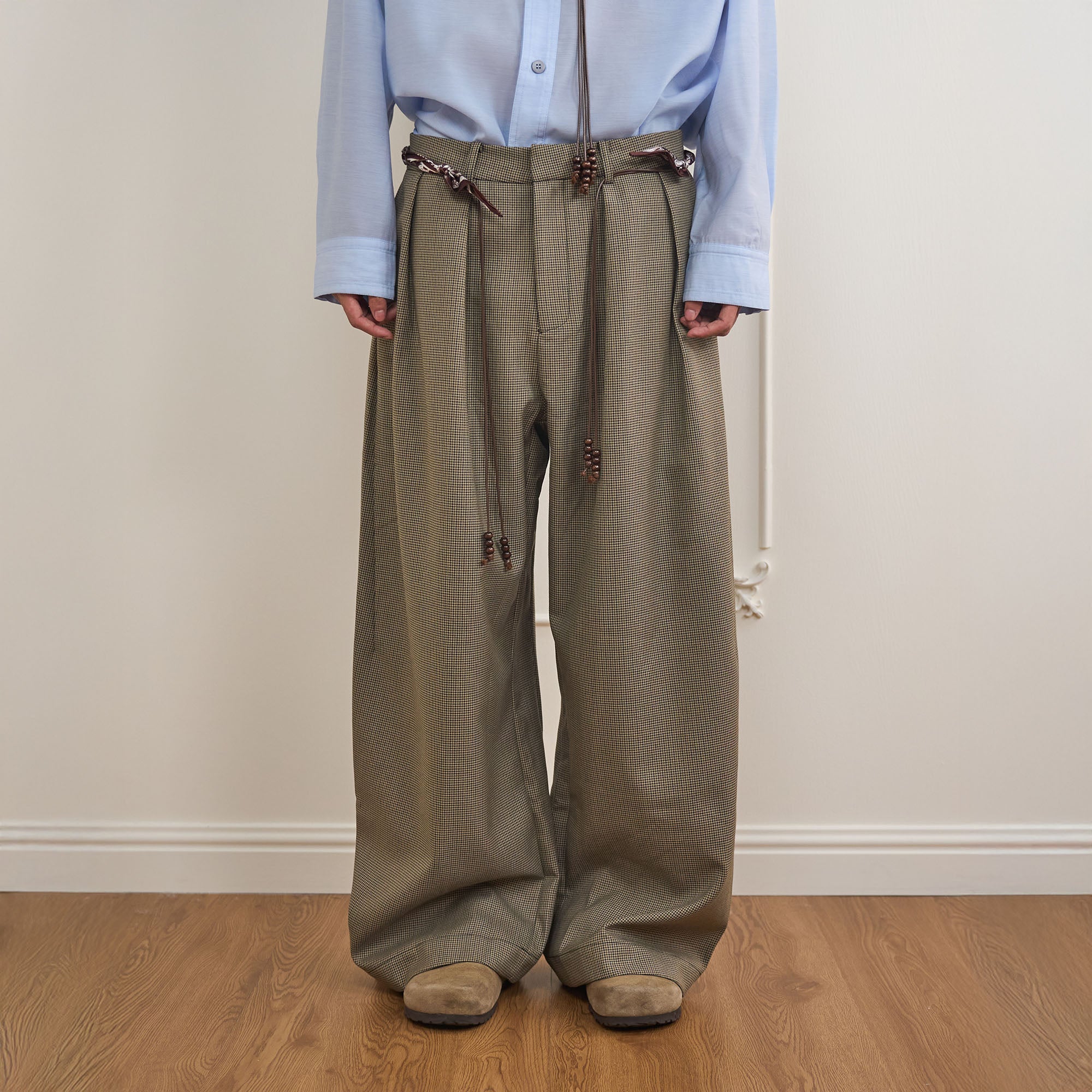 ORAL UTOPIA Houndstooth Pleated Wide-Leg Pants, premium urban and streetwear designers apparel on PROJECTISR.com, ORAL UTOPIA