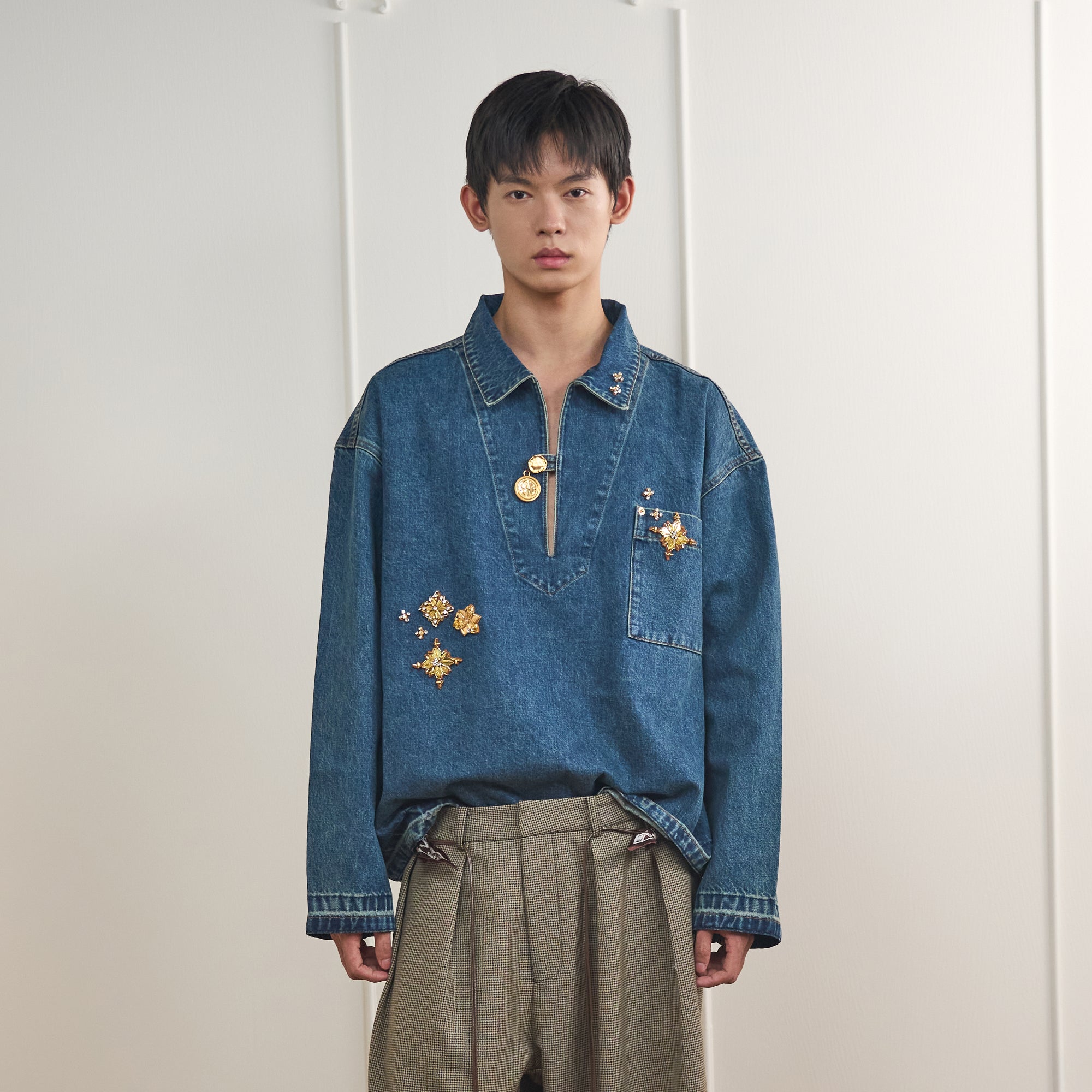 ORAL UTOPIA Golden Embellished V-Neck Denim Shirt, premium urban and streetwear designers apparel on PROJECTISR.com, ORAL UTOPIA