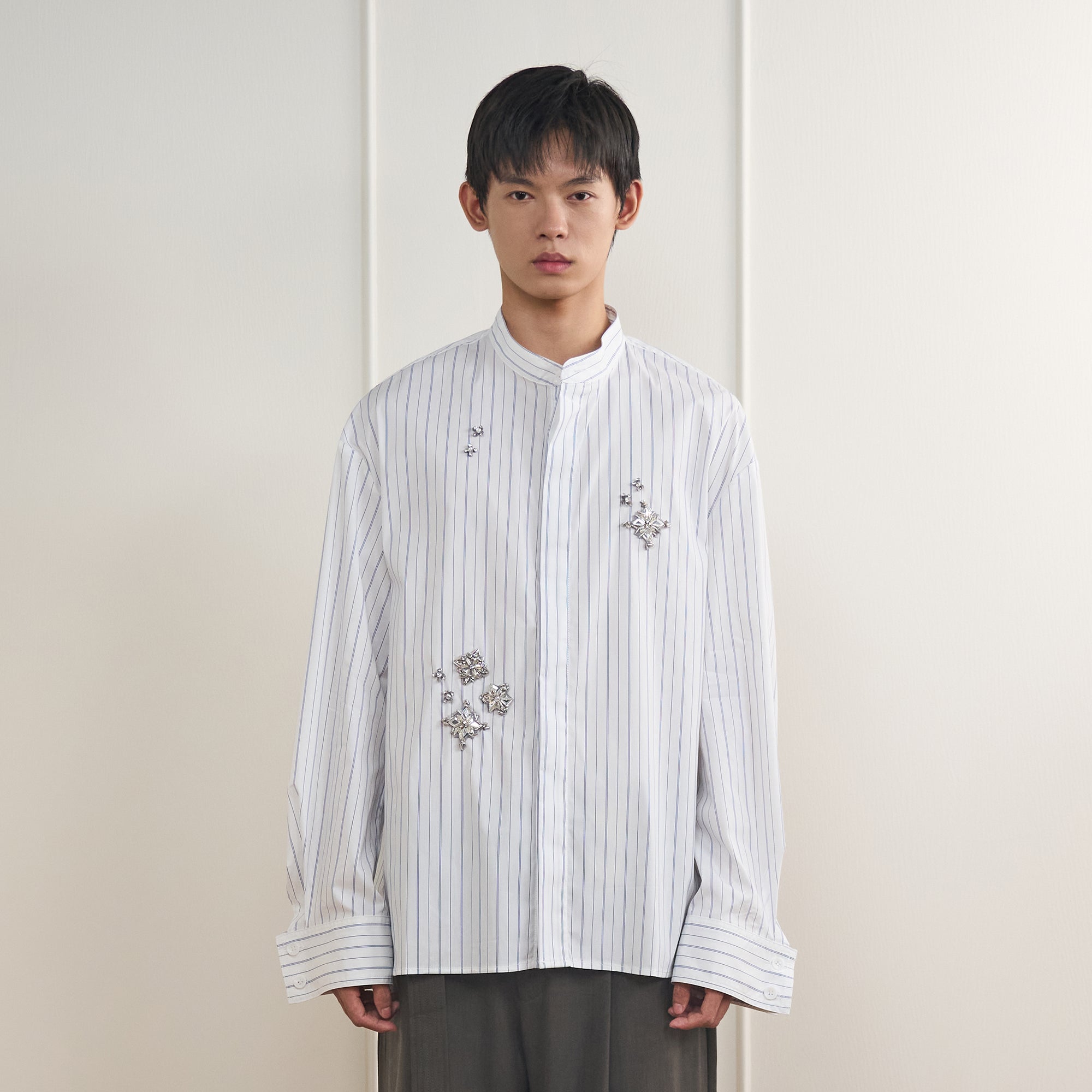 ORAL UTOPIA Silver Embellished Striped Mandarin Collar Shirt